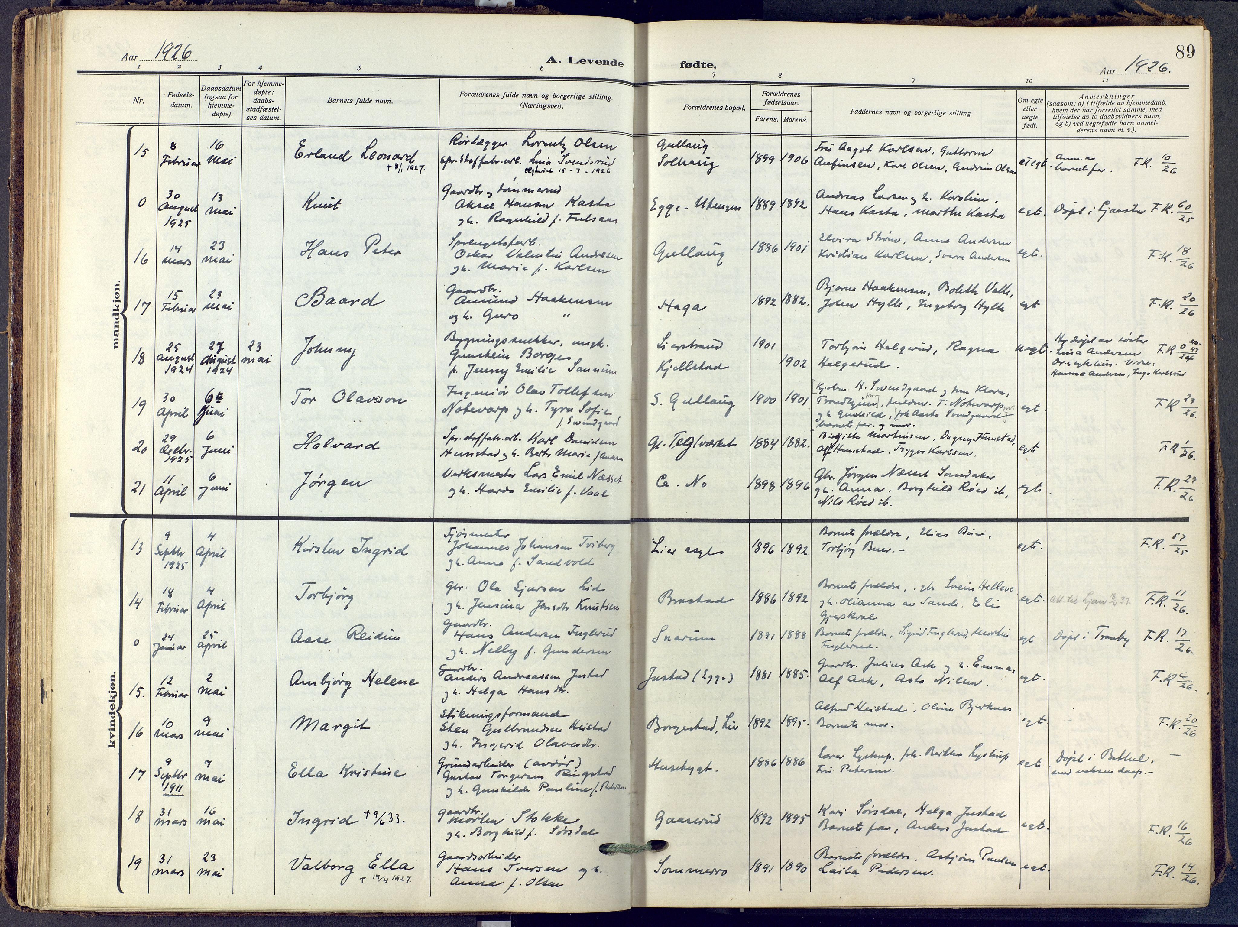 Lier kirkebøker, SAKO/A-230/F/Fa/L0019: Ministerialbok nr. I 19, 1918-1928, s. 89