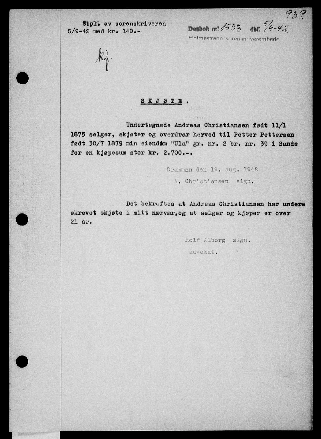 Holmestrand sorenskriveri, SAKO/A-67/G/Ga/Gaa/L0055: Pantebok nr. A-55, 1942-1942, Dagboknr: 1533/1942