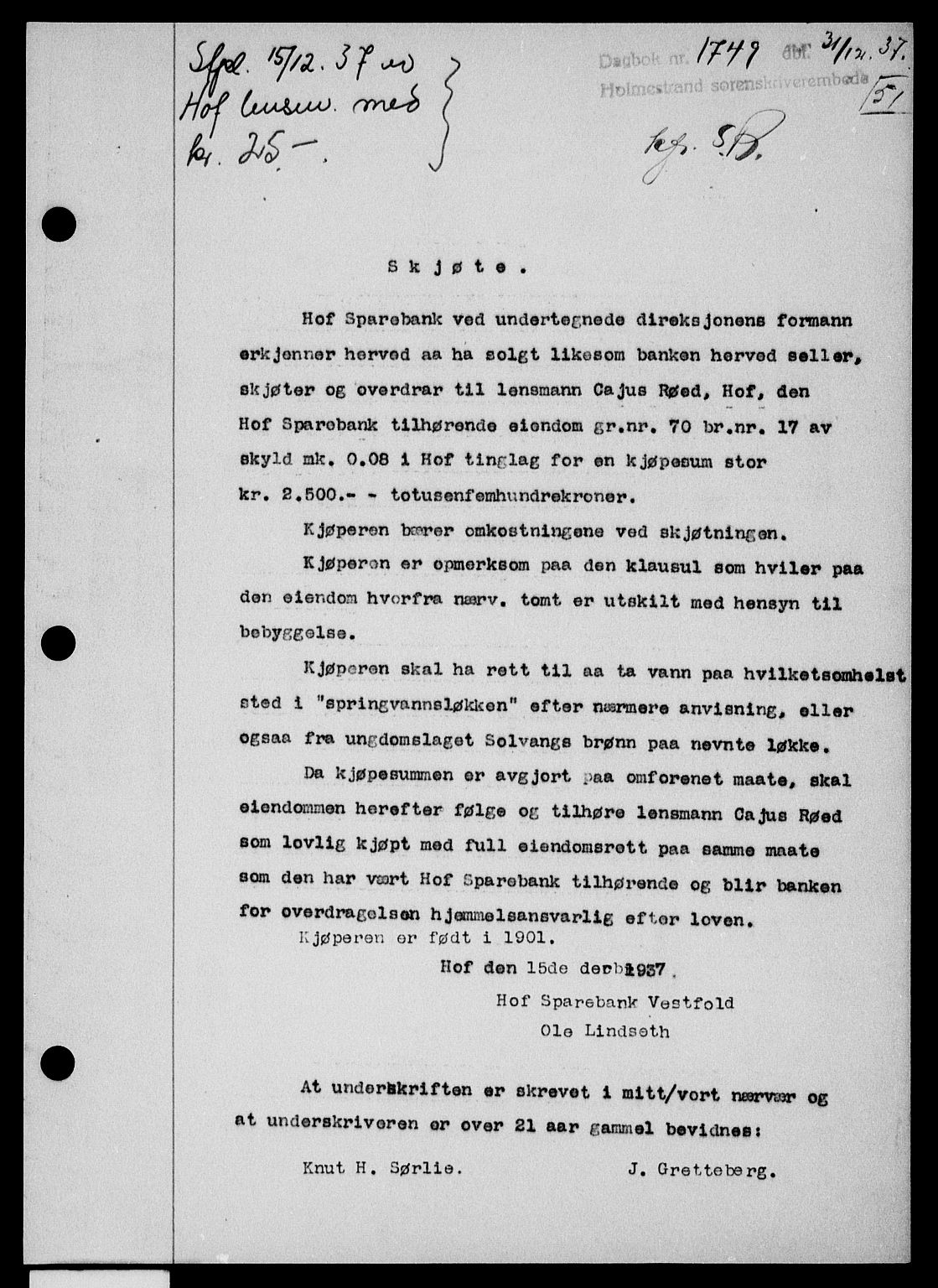 Holmestrand sorenskriveri, SAKO/A-67/G/Ga/Gaa/L0049: Pantebok nr. A-49, 1937-1938, Dagboknr: 1749/1937