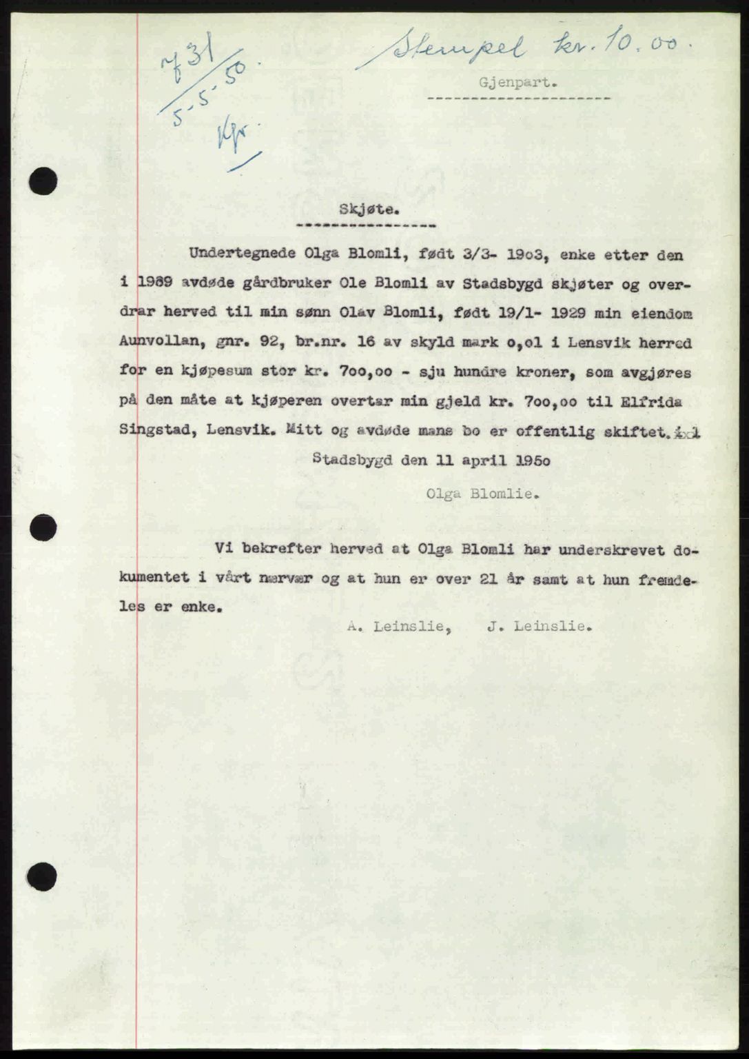 Fosen sorenskriveri, AV/SAT-A-1107/1/2/2C: Pantebok nr. A, 1946-1950, Dagboknr: 731/1950