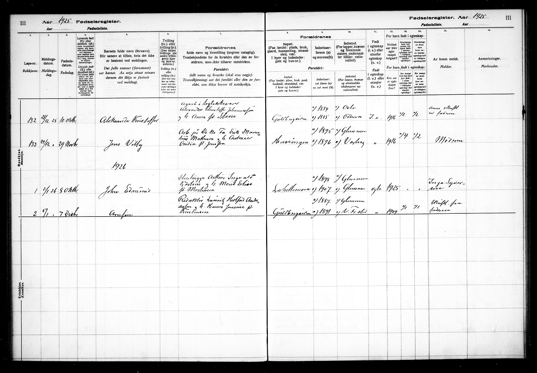 Glemmen prestekontor Kirkebøker, AV/SAO-A-10908/J/Ja/L0002: Fødselsregister nr. I 2, 1922-1929, s. 111