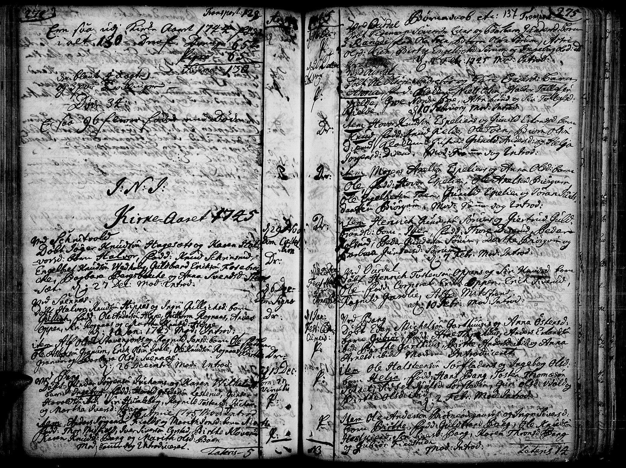 Aurdal prestekontor, AV/SAH-PREST-126/H/Ha/Haa/L0004: Ministerialbok nr. 4, 1730-1762, s. 274-275