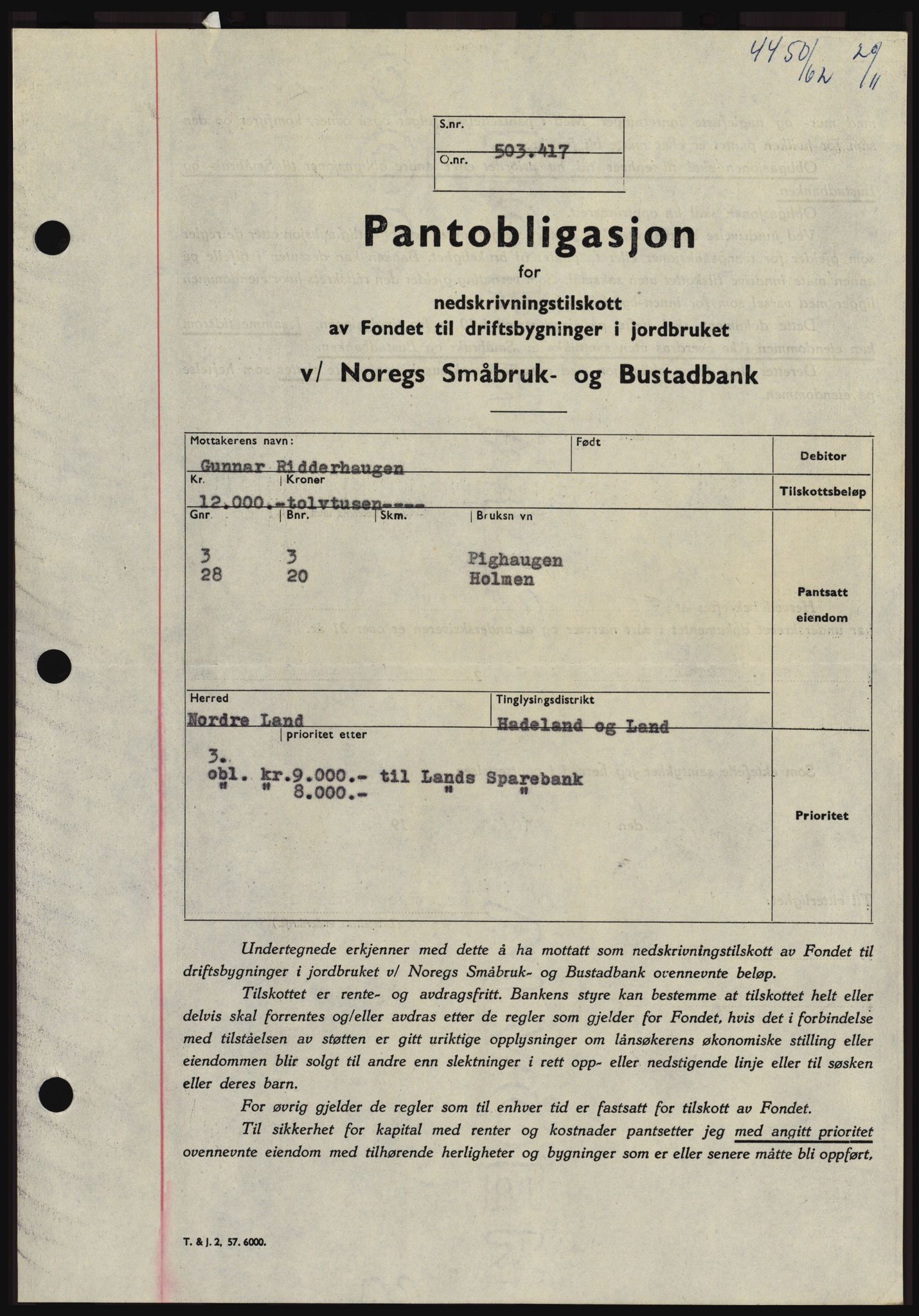 Hadeland og Land tingrett, SAH/TING-010/H/Hb/Hbc/L0050: Pantebok nr. B50, 1962-1963, Dagboknr: 4450/1962