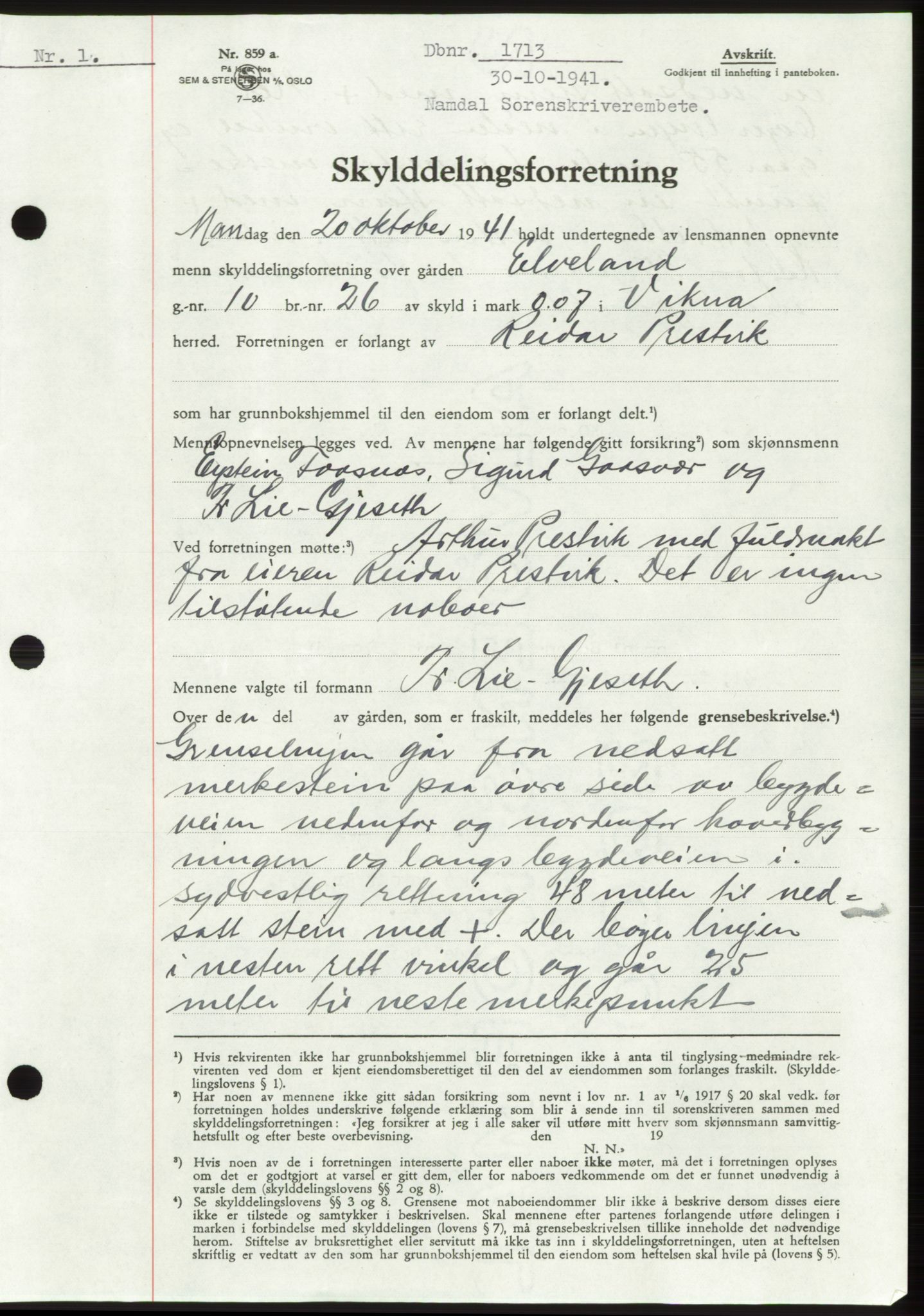 Namdal sorenskriveri, SAT/A-4133/1/2/2C: Pantebok nr. -, 1941-1942, Dagboknr: 1713/1941
