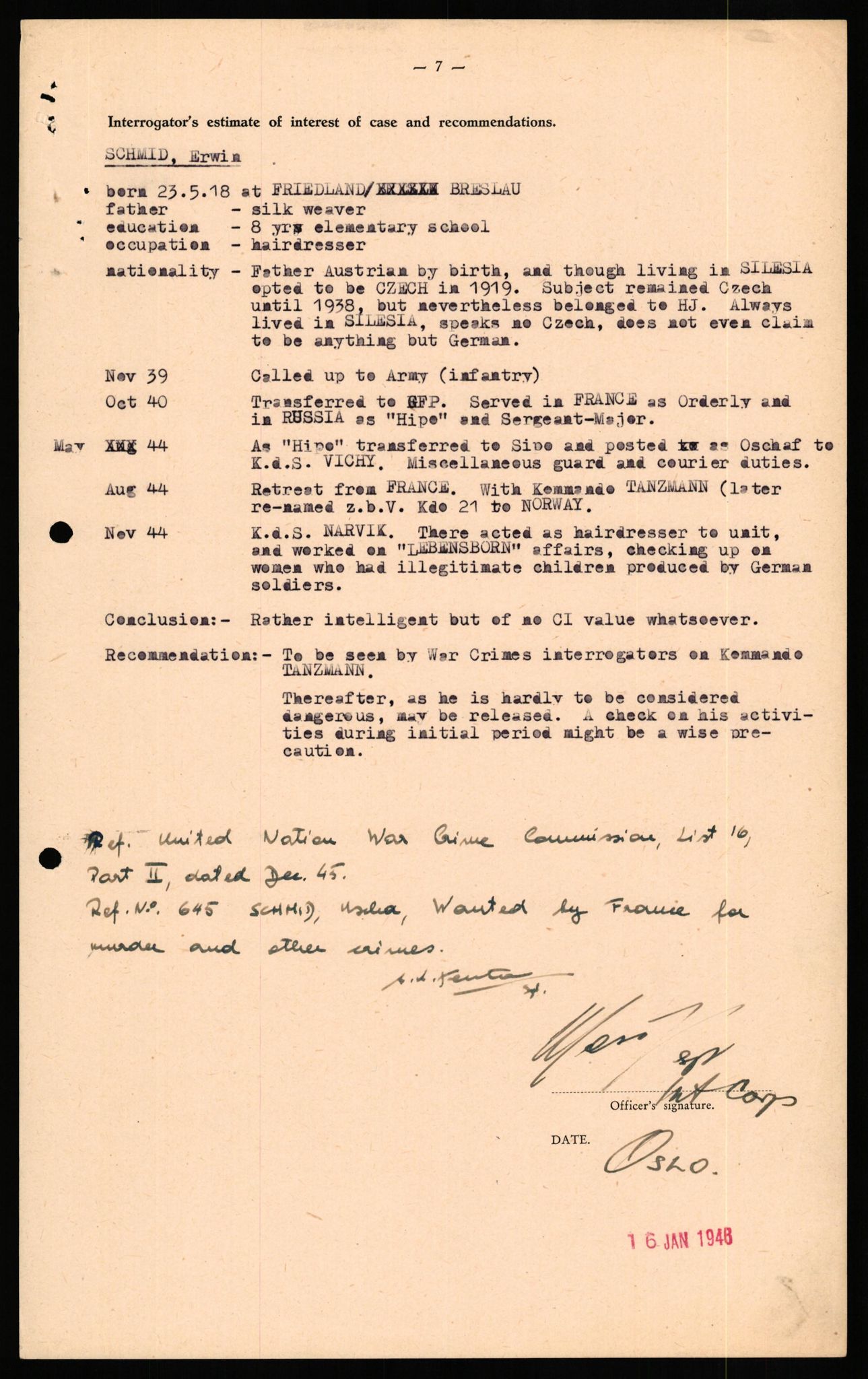 Forsvaret, Forsvarets overkommando II, RA/RAFA-3915/D/Db/L0029: CI Questionaires. Tyske okkupasjonsstyrker i Norge. Tyskere., 1945-1946, s. 343