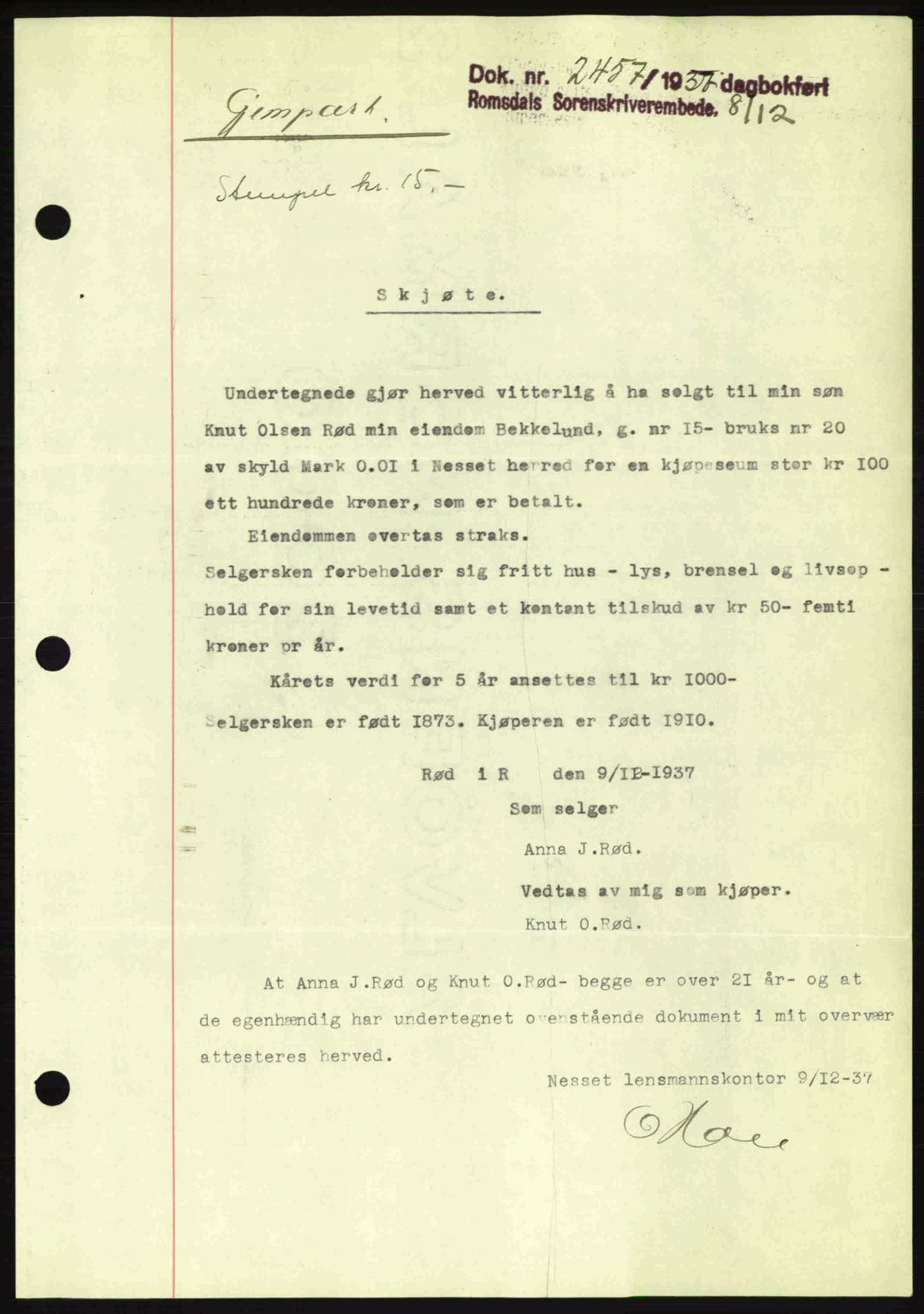Romsdal sorenskriveri, SAT/A-4149/1/2/2C: Pantebok nr. A4, 1937-1938, Dagboknr: 2457/1937