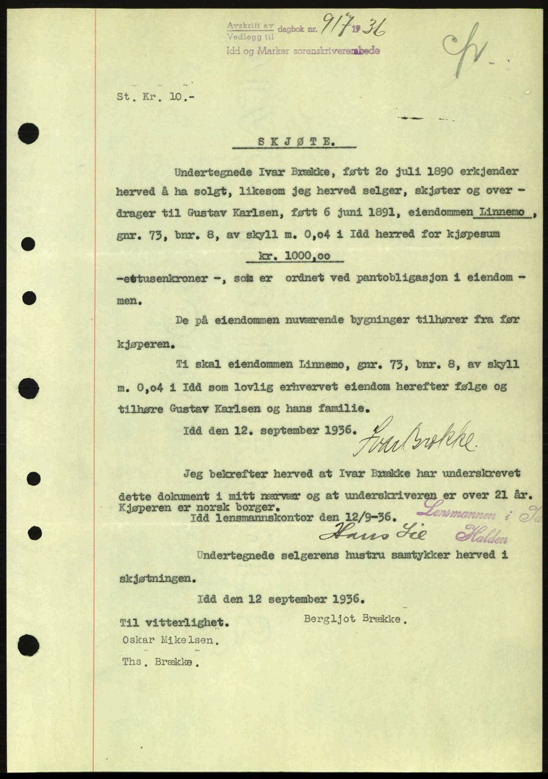 Idd og Marker sorenskriveri, AV/SAO-A-10283/G/Gb/Gbb/L0001: Pantebok nr. A1, 1936-1937, Dagboknr: 917/1936