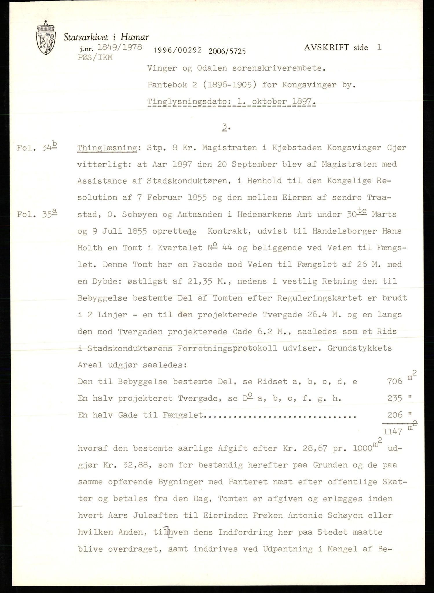 Avskriftssamlingen ved Statsarkivet i Hamar, SAH/AVSKRIFT-001/H/Hu/Hua/Huad/L0002: Pantebok for Kongsvinger by, 1896-1905