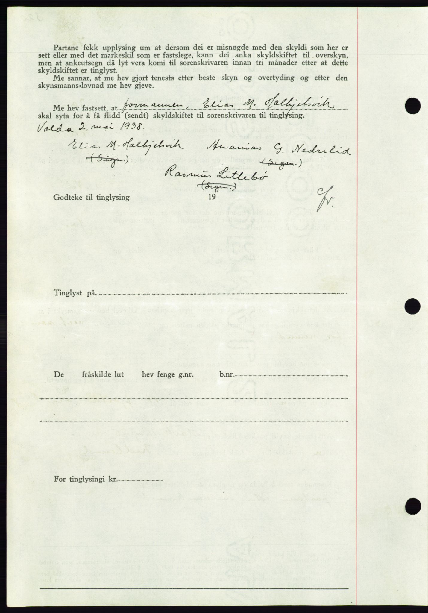 Søre Sunnmøre sorenskriveri, AV/SAT-A-4122/1/2/2C/L0065: Pantebok nr. 59, 1938-1938, Dagboknr: 768/1938