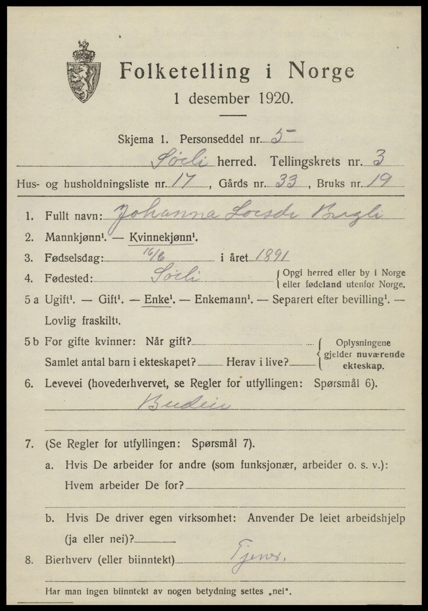 SAT, Folketelling 1920 for 1737 Sørli herred, 1920, s. 1257