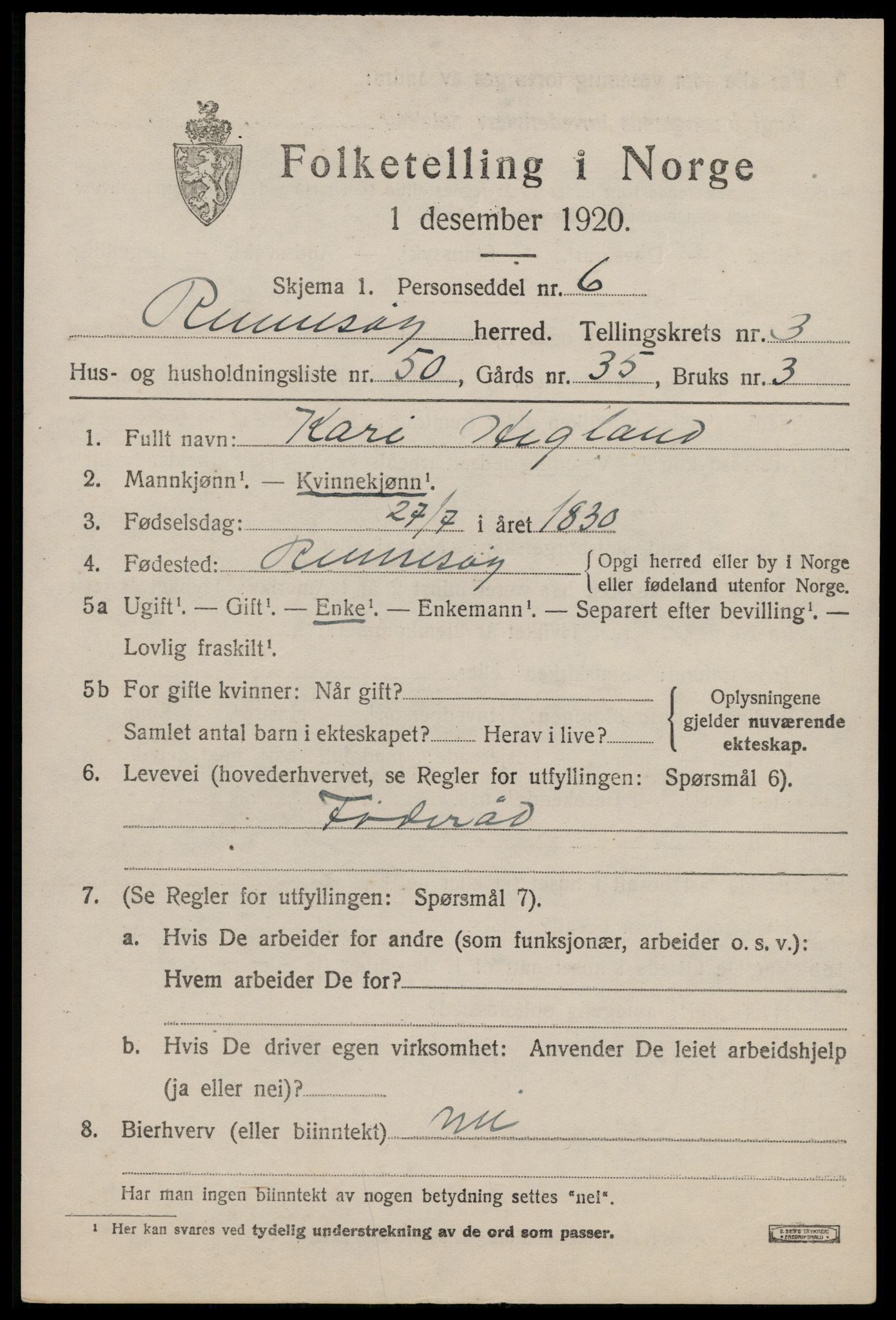 SAST, Folketelling 1920 for 1142 Rennesøy herred, 1920, s. 2544
