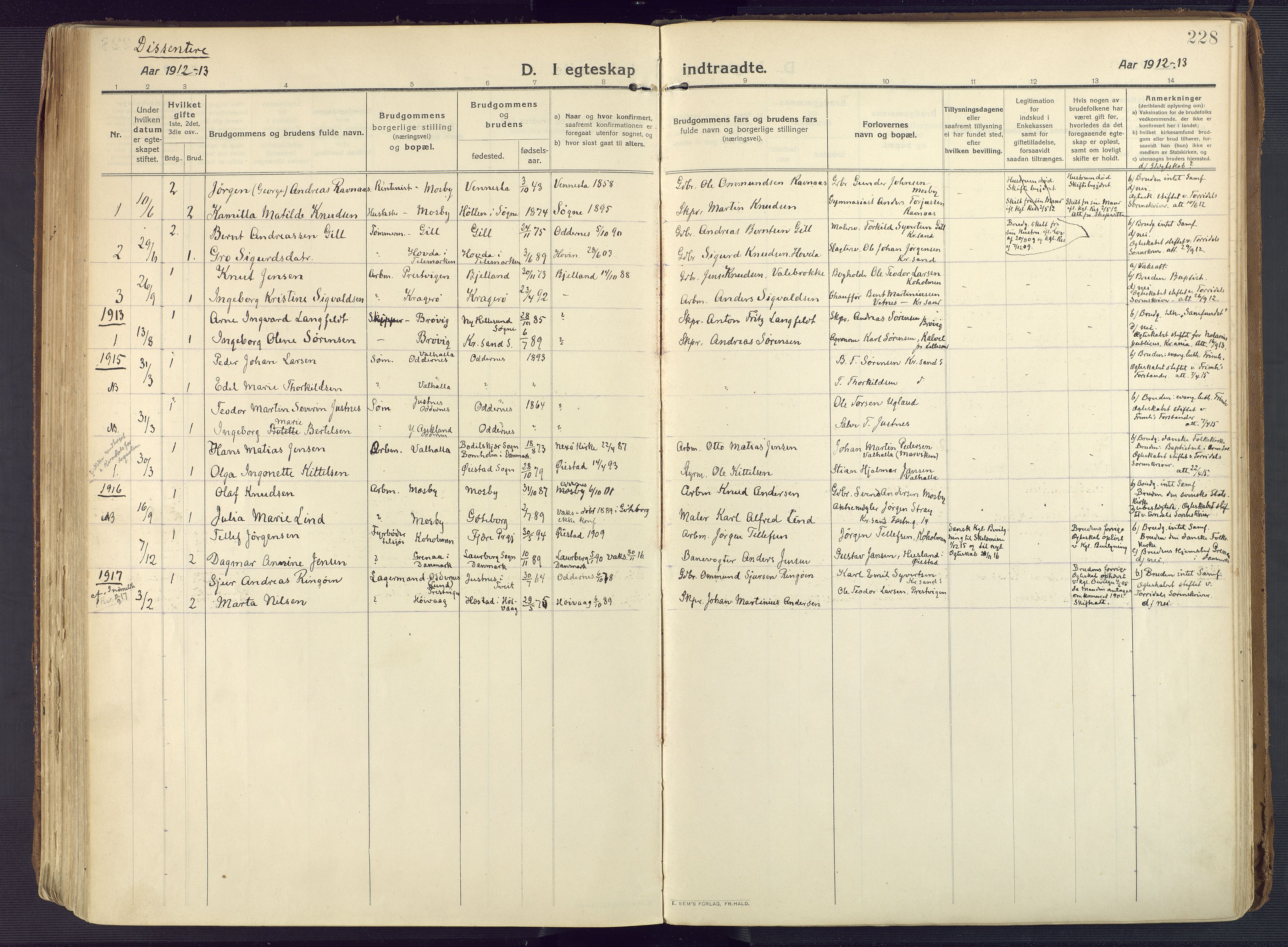 Oddernes sokneprestkontor, AV/SAK-1111-0033/F/Fa/Faa/L0012: Ministerialbok nr. A 12, 1912-1925, s. 228