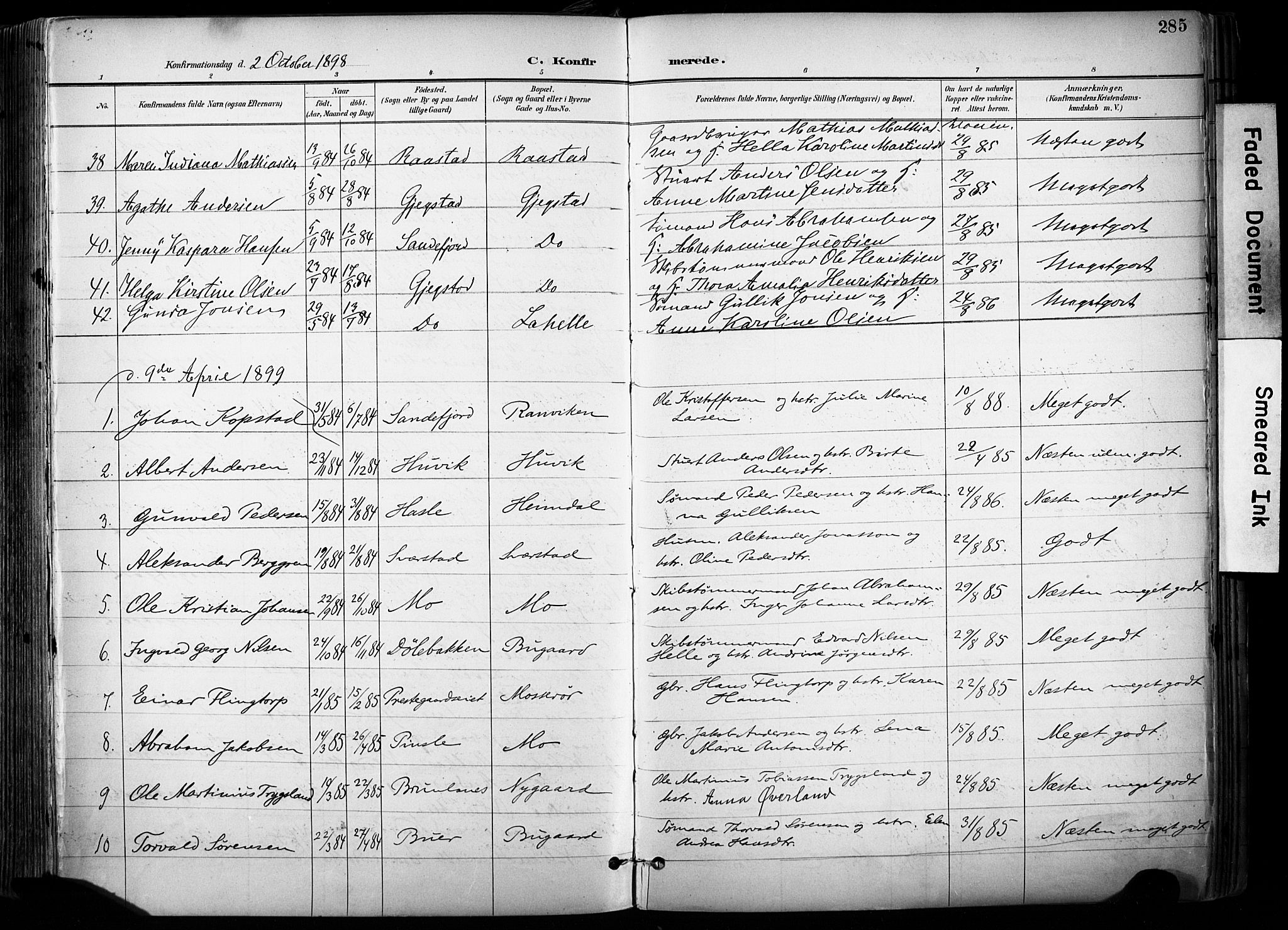 Sandar kirkebøker, AV/SAKO-A-243/F/Fa/L0014: Ministerialbok nr. 14, 1896-1909, s. 285