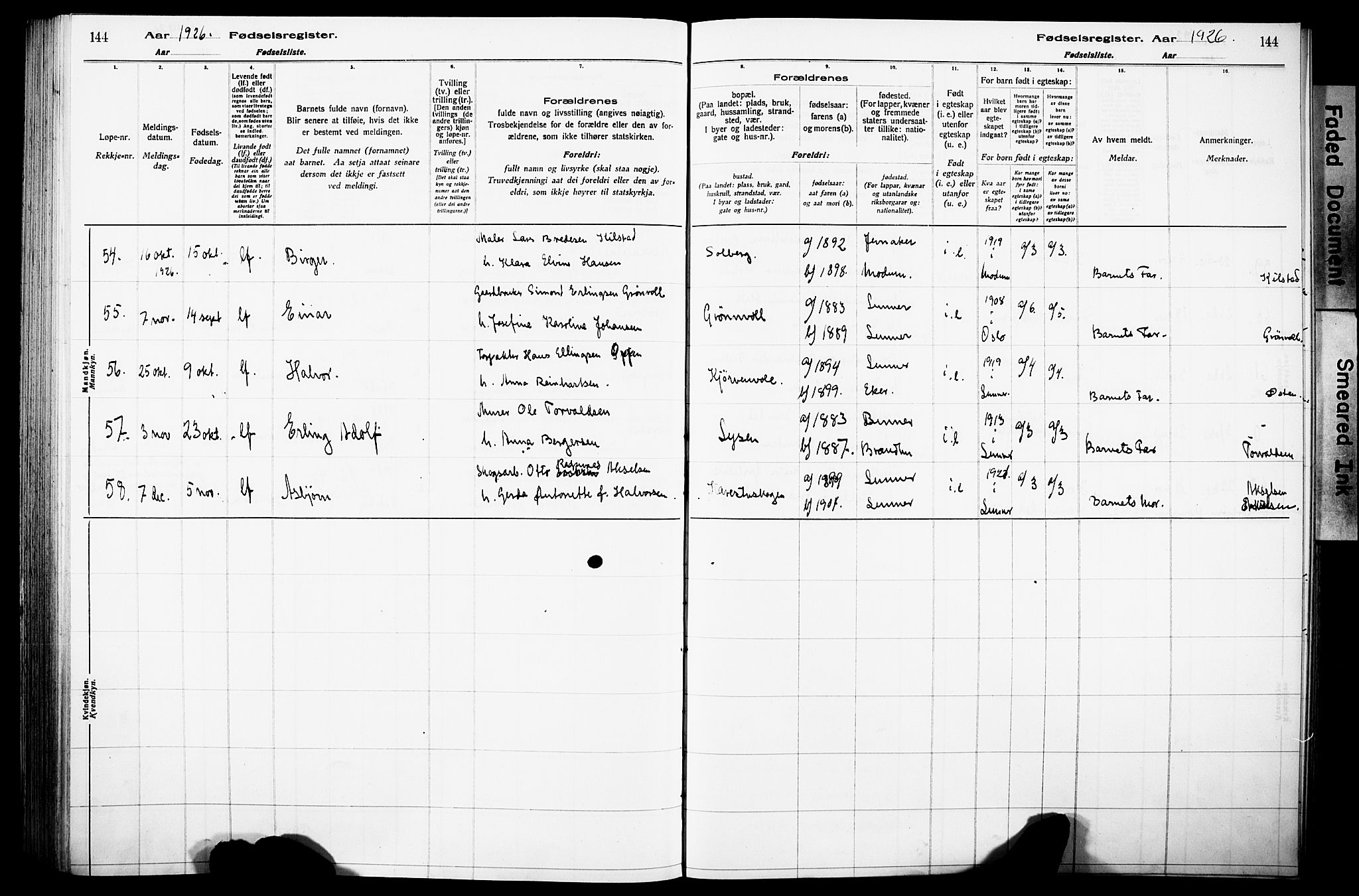 Lunner prestekontor, SAH/PREST-118/I/Id/L0001: Fødselsregister nr. 1, 1916-1932, s. 144