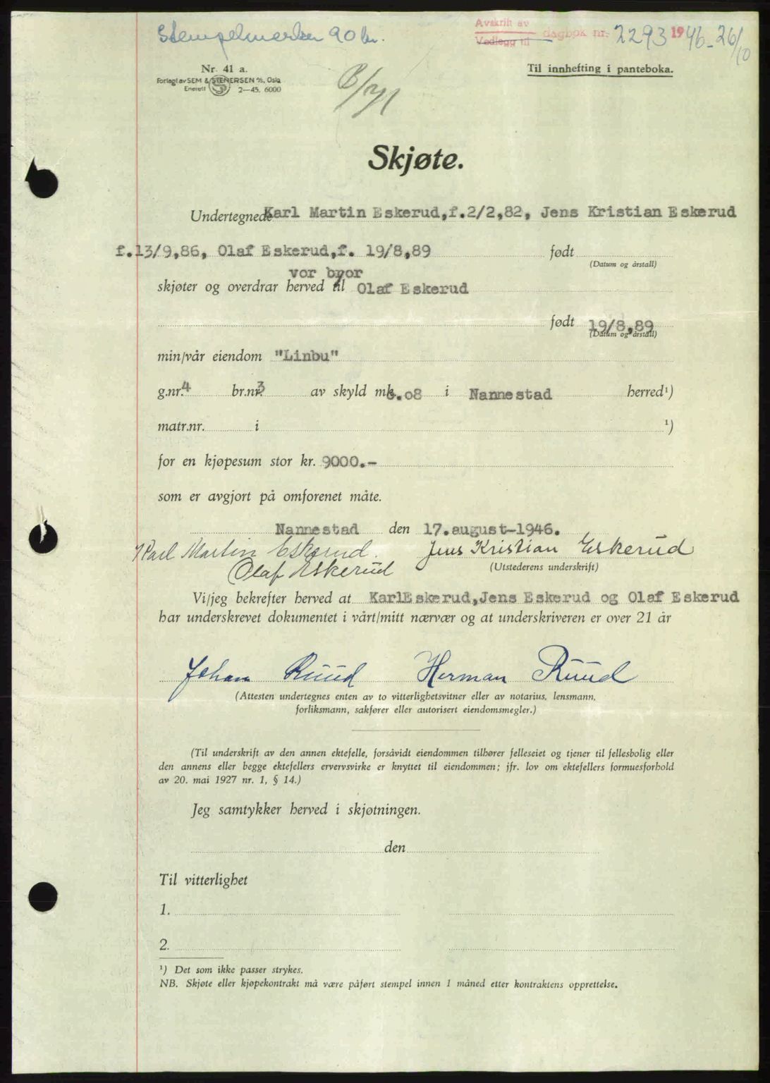 Eidsvoll tingrett, SAO/A-10371/G/Gb/Gbb/L0015: Pantebok nr. A43, 1946-1947, Dagboknr: 2293/1946