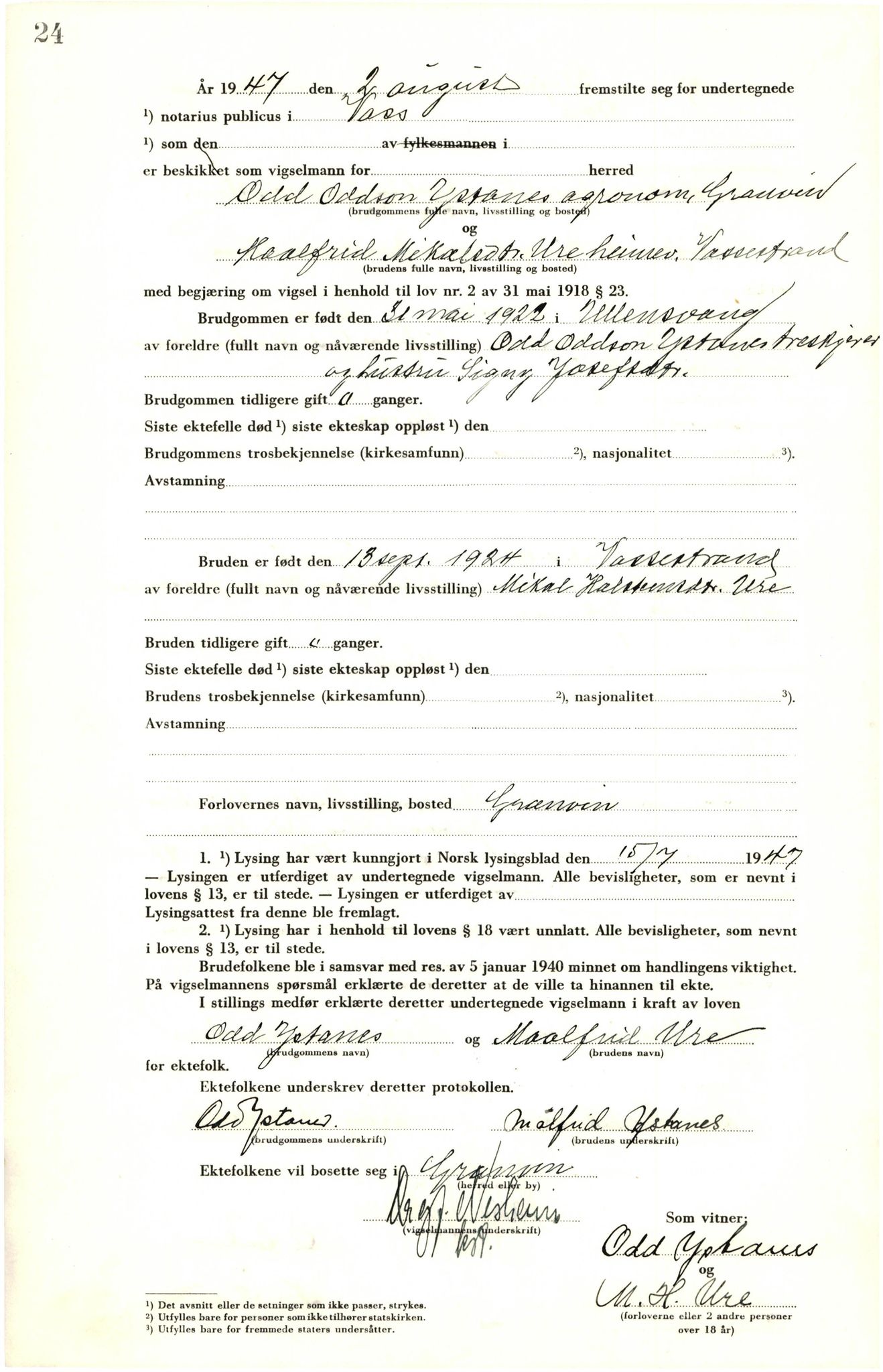 Voss sorenskrivar, AV/SAB-A-2701/M/Maa/L0003: Vigselbok, 1945-1969, s. 24