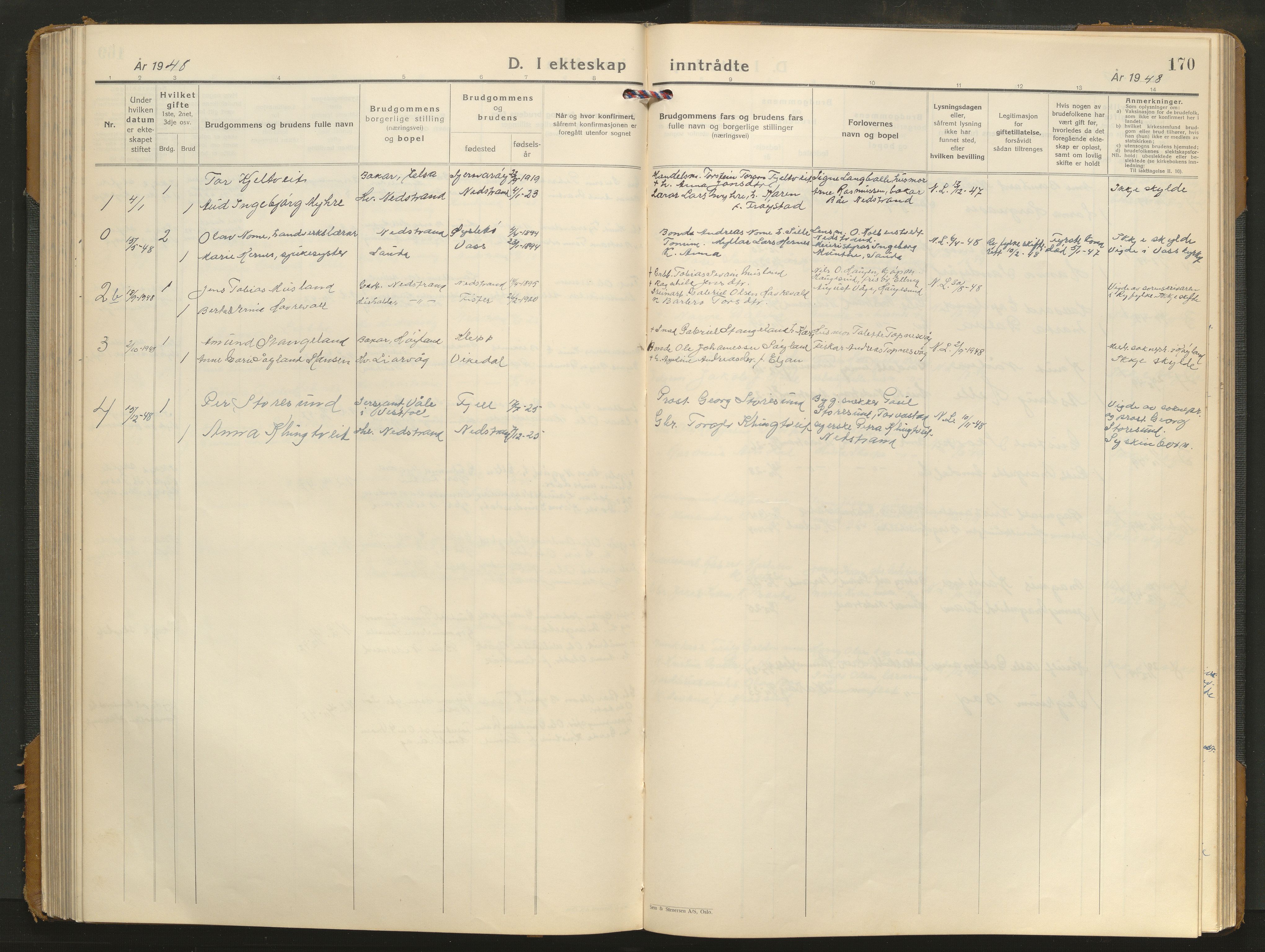 Nedstrand sokneprestkontor, AV/SAST-A-101841/01/V/L0004: Klokkerbok nr. B 4, 1933-1961, s. 170