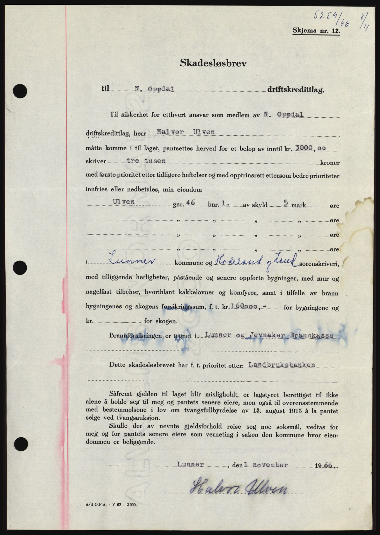 Hadeland og Land tingrett, SAH/TING-010/H/Hb/Hbc/L0064: Pantebok nr. B64, 1966-1966, Dagboknr: 5259/1966