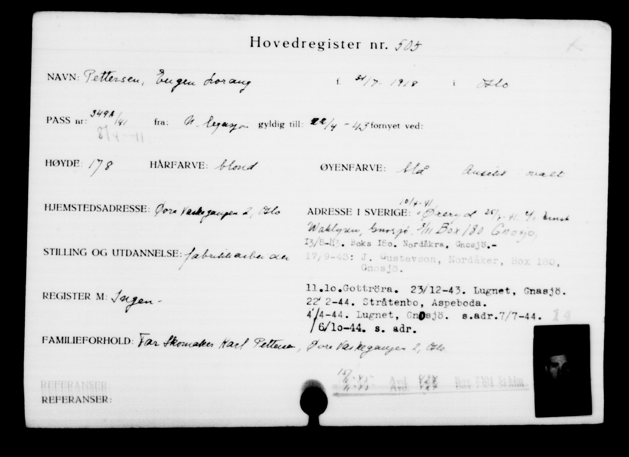 Utenriksstasjonene, Legasjonen i Stockholm, Flyktningkontoret, AV/RA-S-6753/V/Va/L0001: Kjesäterkartoteket, flyktninger med registreringsnr. 1-1000, 1940-1945, s. 778