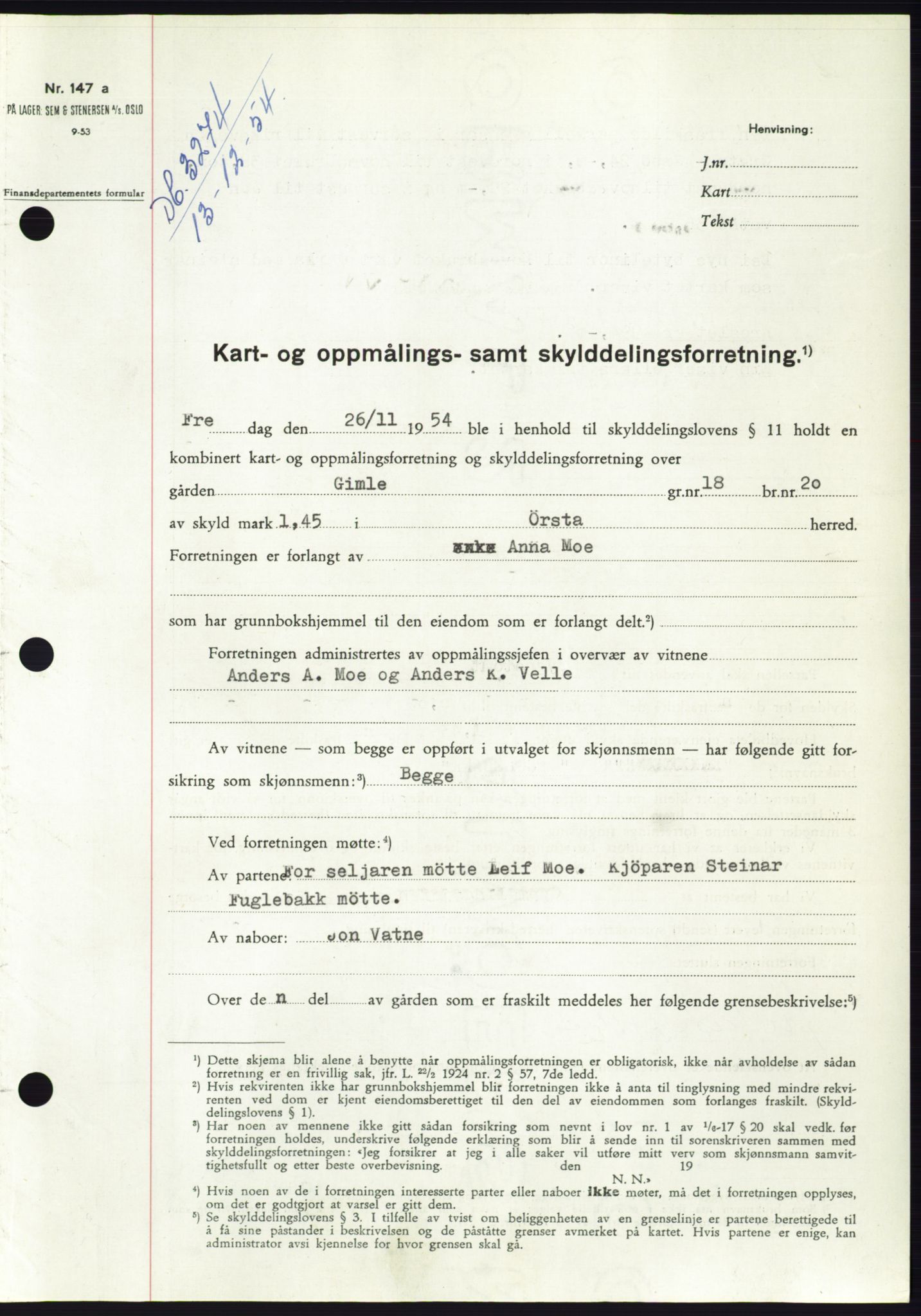 Søre Sunnmøre sorenskriveri, AV/SAT-A-4122/1/2/2C/L0099: Pantebok nr. 25A, 1954-1954, Dagboknr: 3274/1954