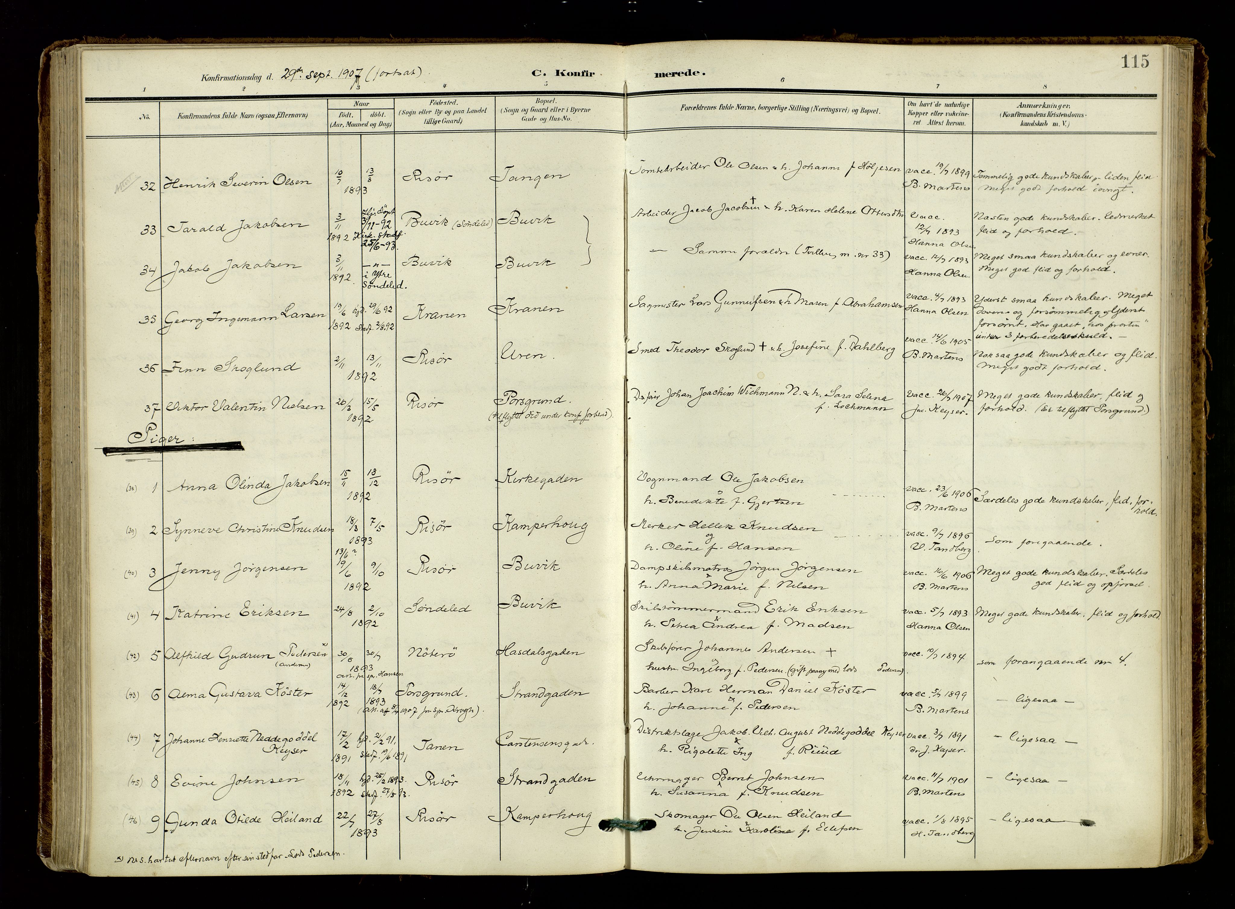 Risør sokneprestkontor, AV/SAK-1111-0035/F/Fa/L0011: Ministerialbok nr. A 11, 1907-1920, s. 115