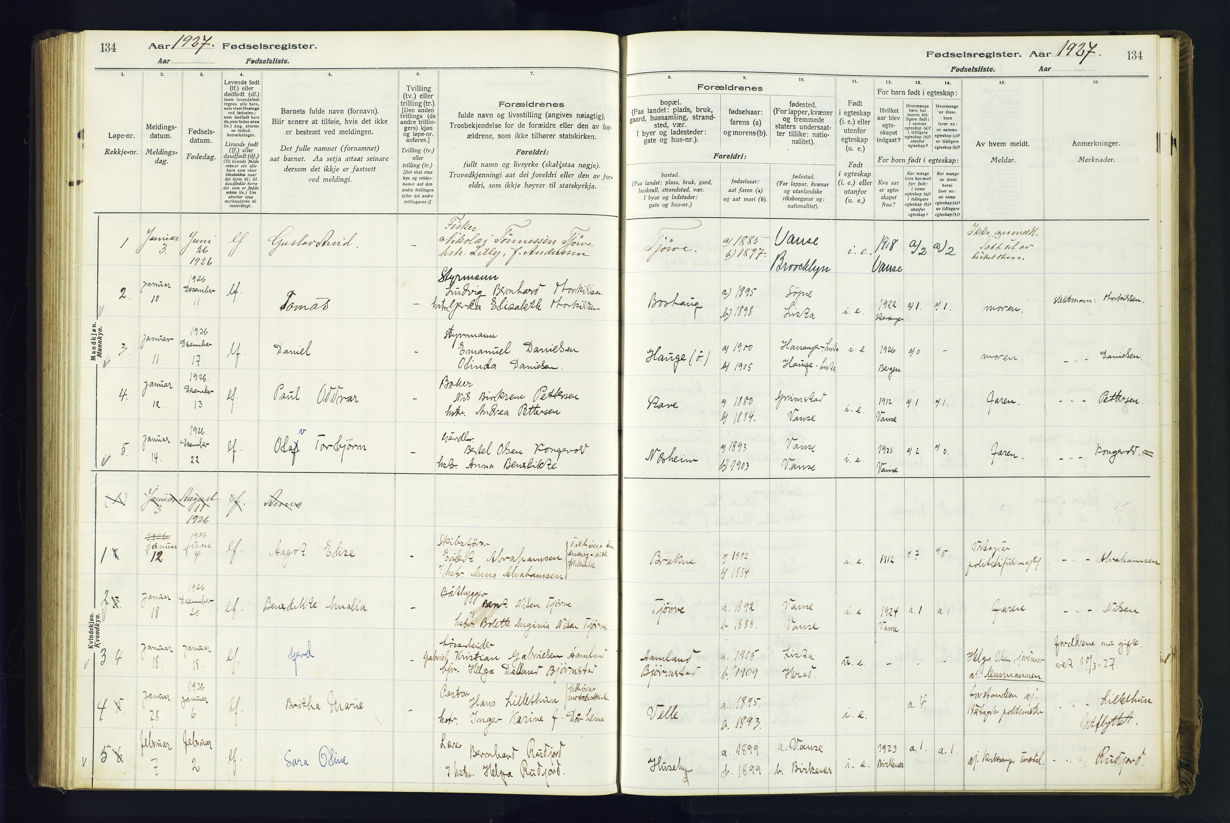 Lista sokneprestkontor, SAK/1111-0027/J/Ja/L0001: Fødselsregister nr. A-VI-30, 1916-1934, s. 134