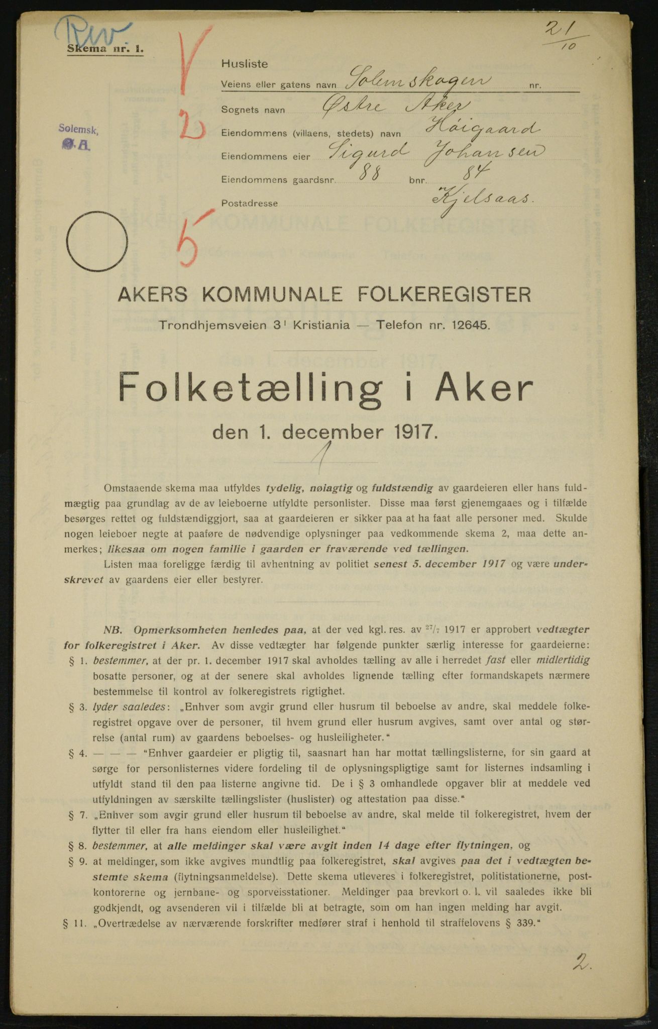 OBA, Kommunal folketelling 1.12.1917 for Aker, 1917, s. 13998