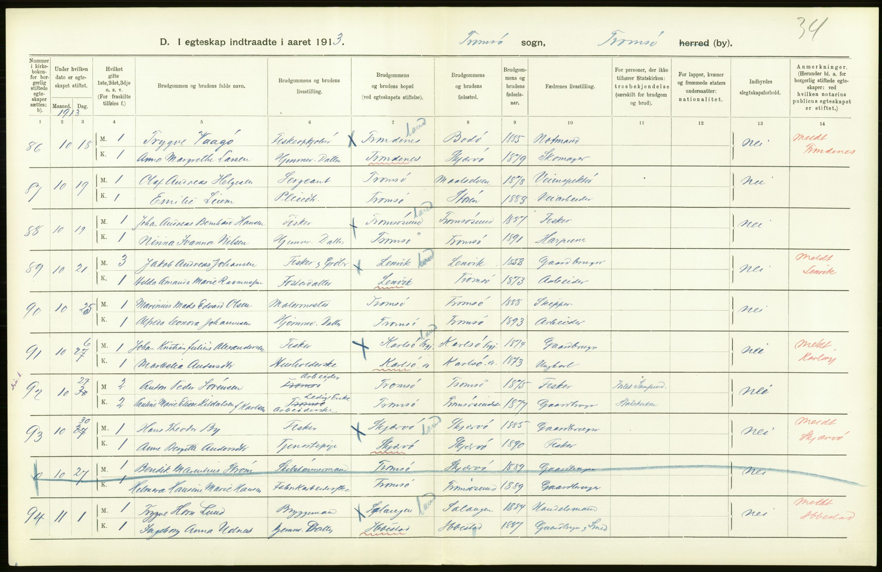 Statistisk sentralbyrå, Sosiodemografiske emner, Befolkning, AV/RA-S-2228/D/Df/Dfb/Dfbc/L0047: Tromsø amt: Gifte, døde, dødfødte. Bygder og byer., 1913, s. 496