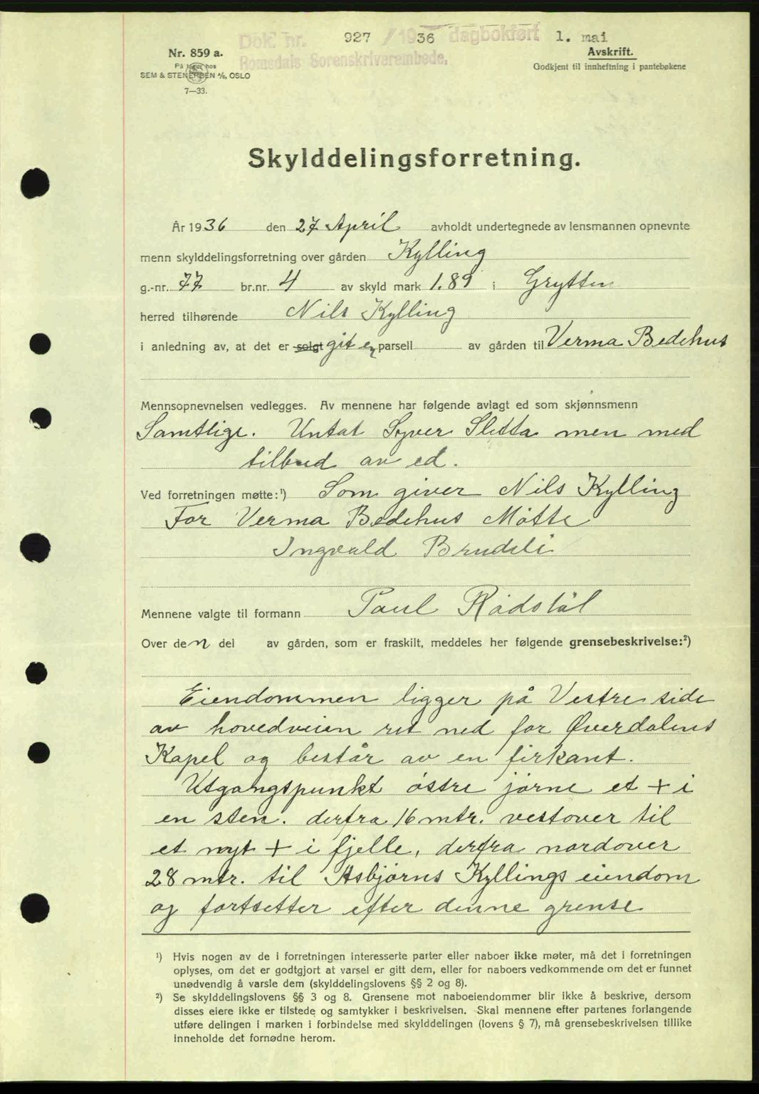 Romsdal sorenskriveri, SAT/A-4149/1/2/2C: Pantebok nr. A1, 1936-1936, Dagboknr: 927/1936