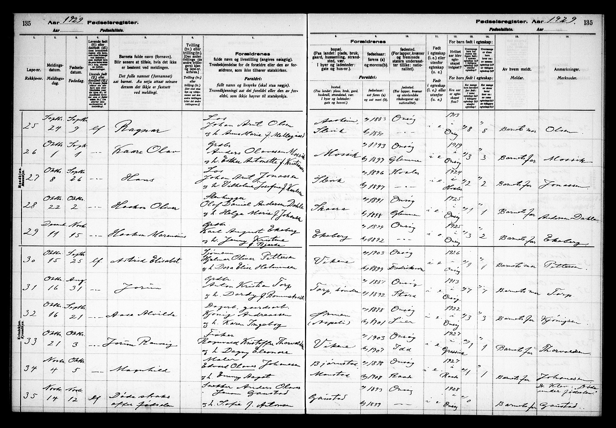 Onsøy prestekontor Kirkebøker, AV/SAO-A-10914/J/Ja/L0001: Fødselsregister nr. I 1, 1916-1937, s. 135