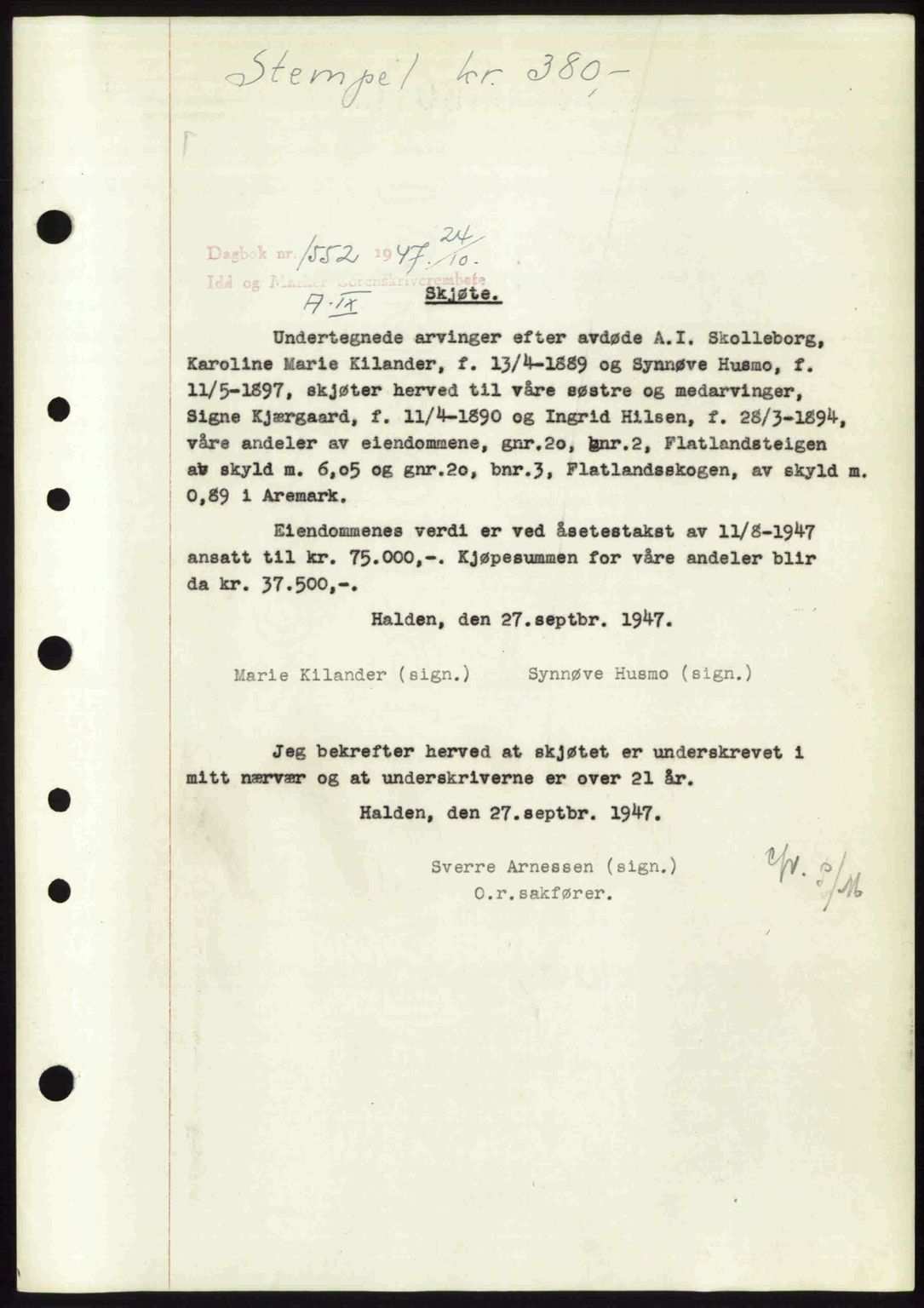 Idd og Marker sorenskriveri, SAO/A-10283/G/Gb/Gbb/L0009: Pantebok nr. A9, 1946-1947, Dagboknr: 1552/1947