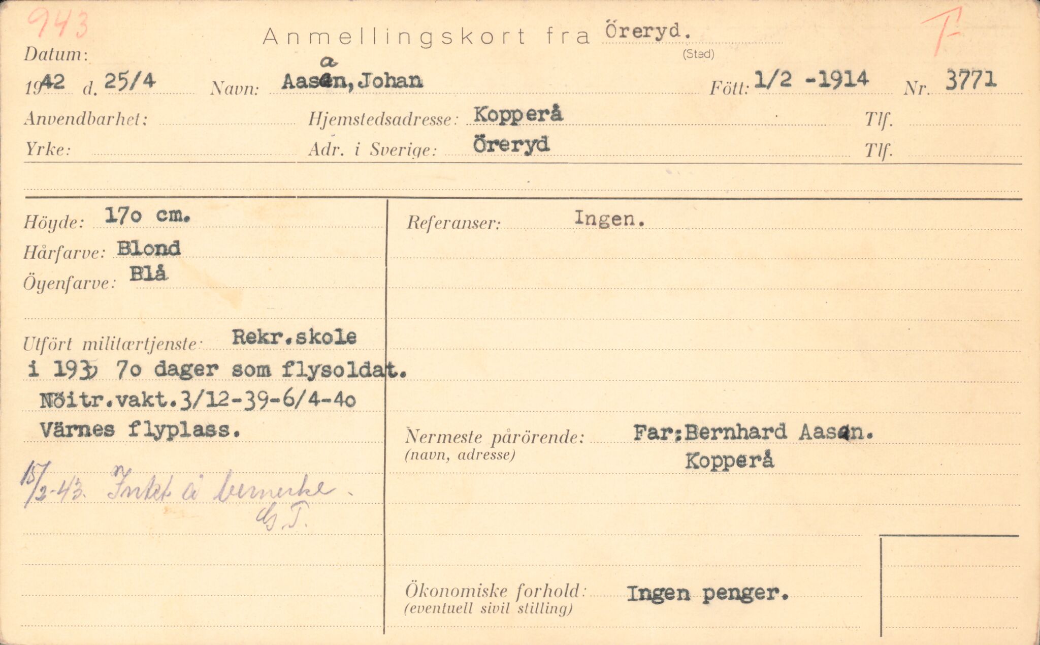 Forsvaret, Forsvarets overkommando/Luftforsvarsstaben, RA/RAFA-4079/P/Pa/L0038: Personellpapirer, 1914, s. 455