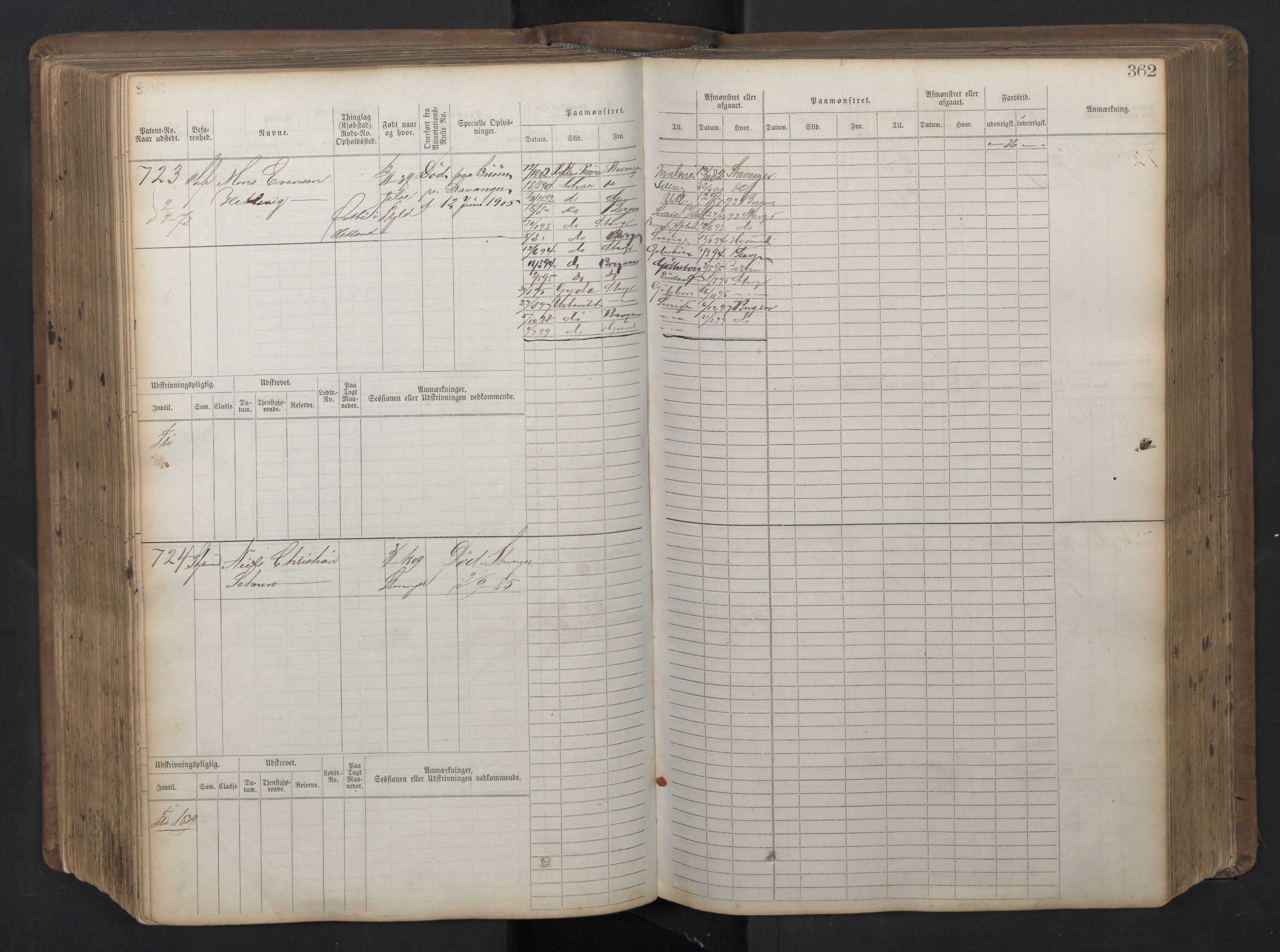 Stavanger sjømannskontor, AV/SAST-A-102006/F/Fb/Fbb/L0016: Sjøfartshovedrulle patnentnr. 1-1202 (dublett), 1869, s. 362