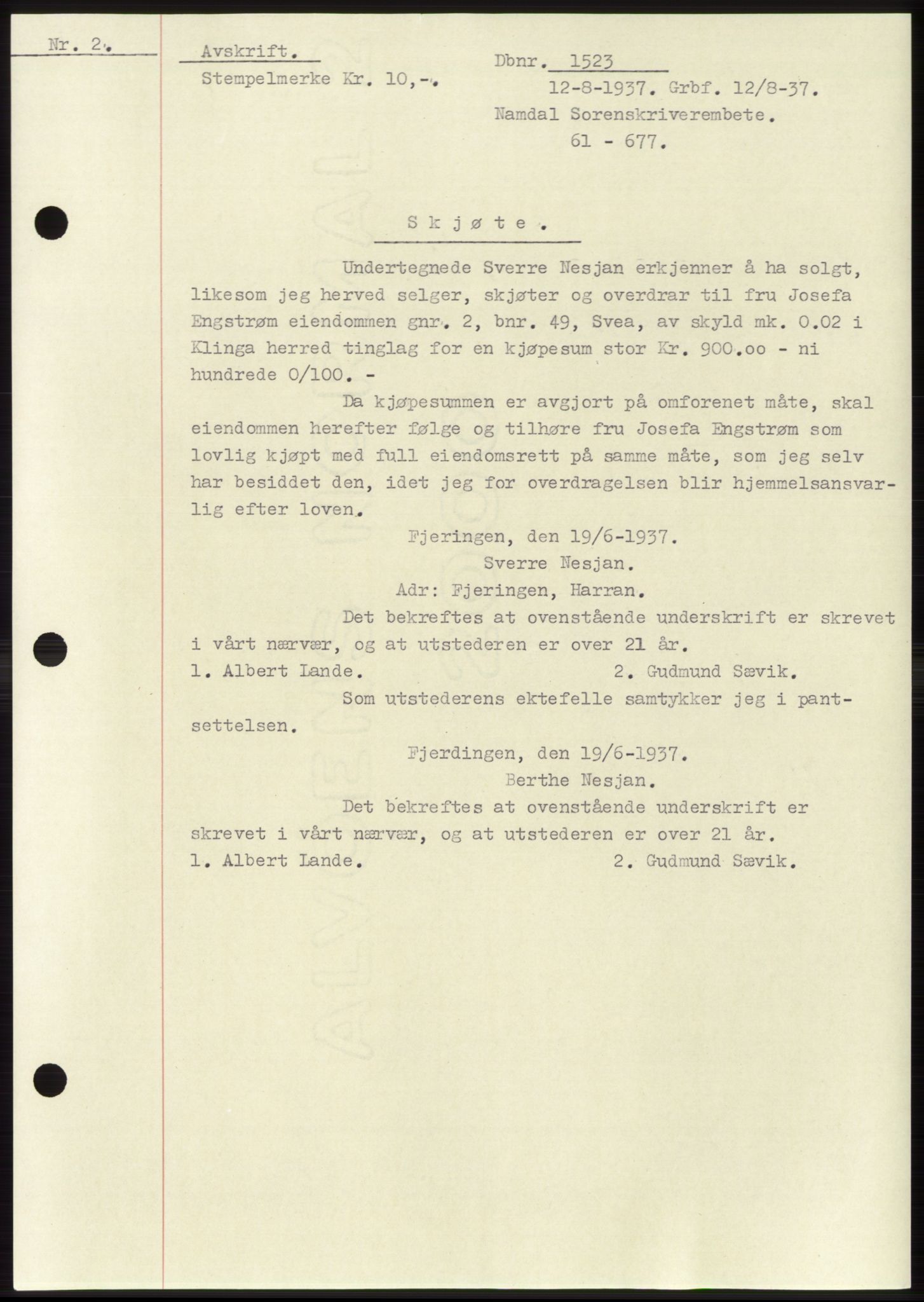 Namdal sorenskriveri, SAT/A-4133/1/2/2C: Pantebok nr. -, 1937-1939, Tingl.dato: 12.08.1937