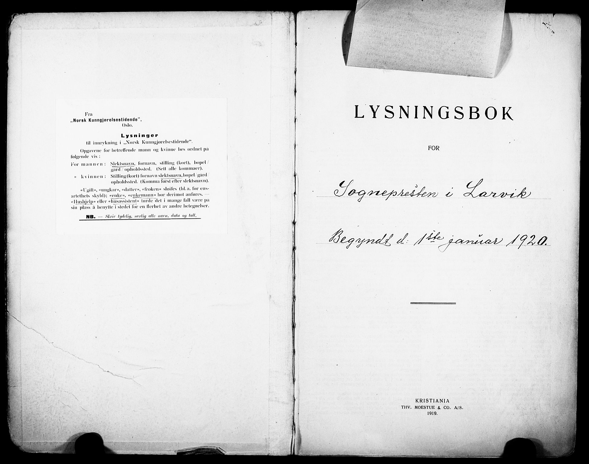 Larvik kirkebøker, AV/SAKO-A-352/H/Ha/L0005: Lysningsprotokoll nr. 5, 1920-1933