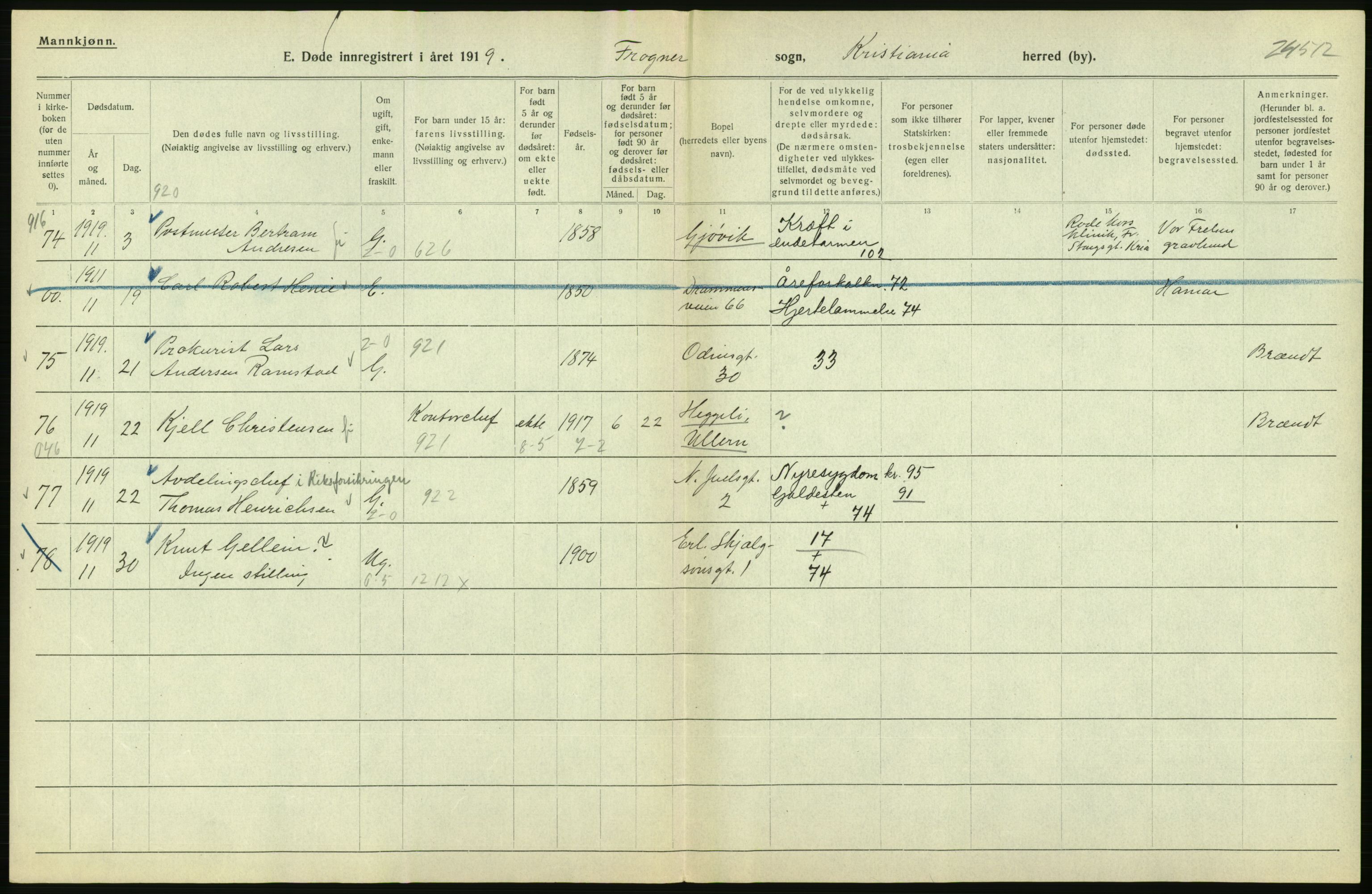 Statistisk sentralbyrå, Sosiodemografiske emner, Befolkning, AV/RA-S-2228/D/Df/Dfb/Dfbi/L0011: Kristiania: Døde, dødfødte, 1919