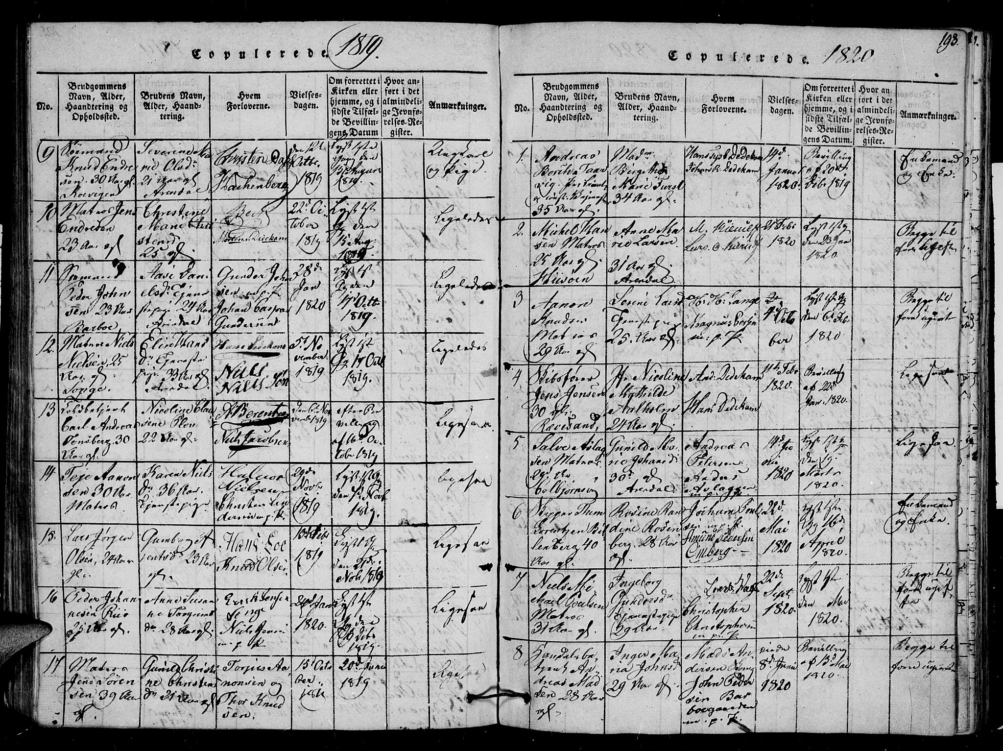 Arendal sokneprestkontor, Trefoldighet, AV/SAK-1111-0040/F/Fb/L0001: Klokkerbok nr. B 1, 1816-1838, s. 193