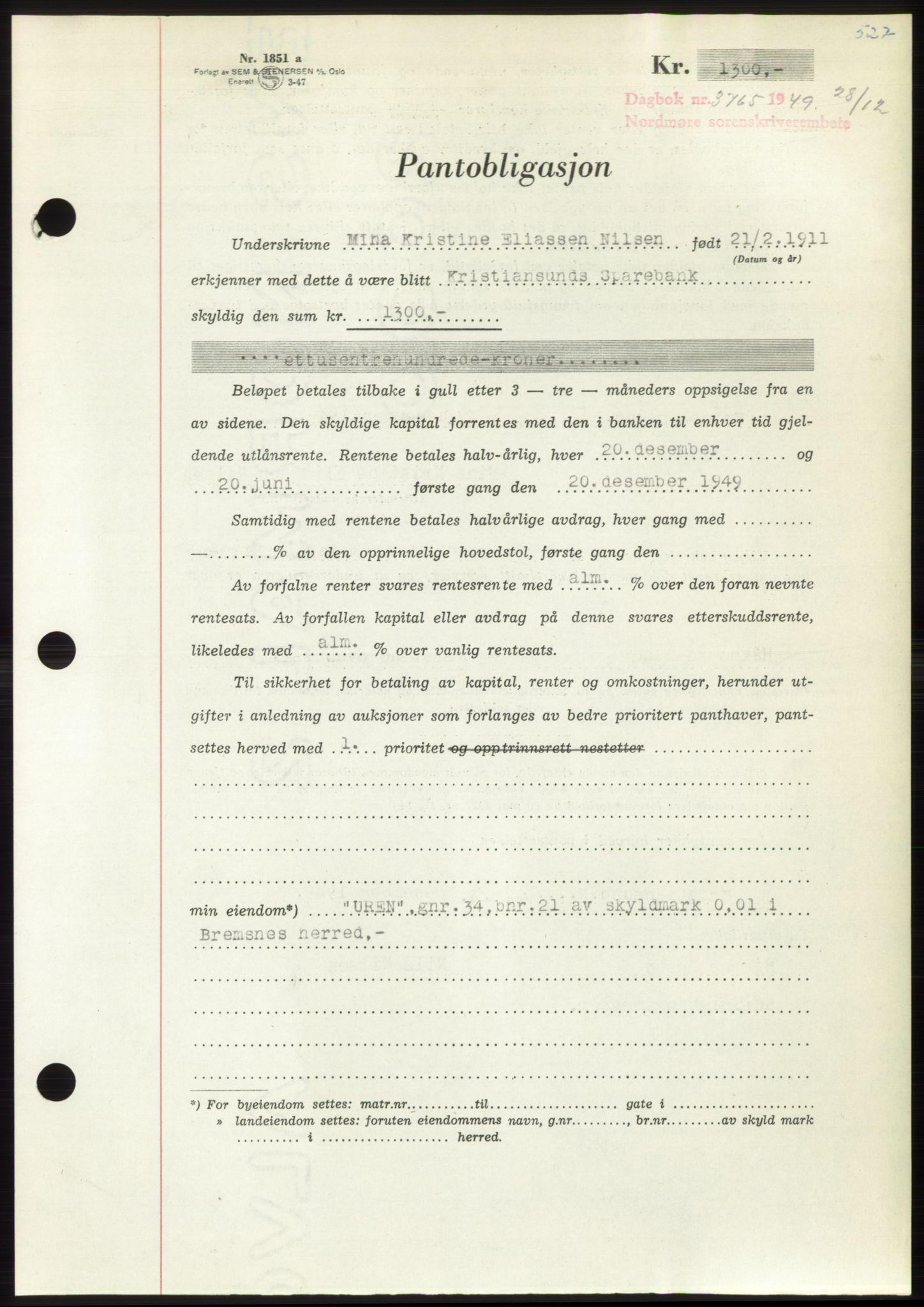 Nordmøre sorenskriveri, AV/SAT-A-4132/1/2/2Ca: Pantebok nr. B103, 1949-1950, Dagboknr: 3765/1949