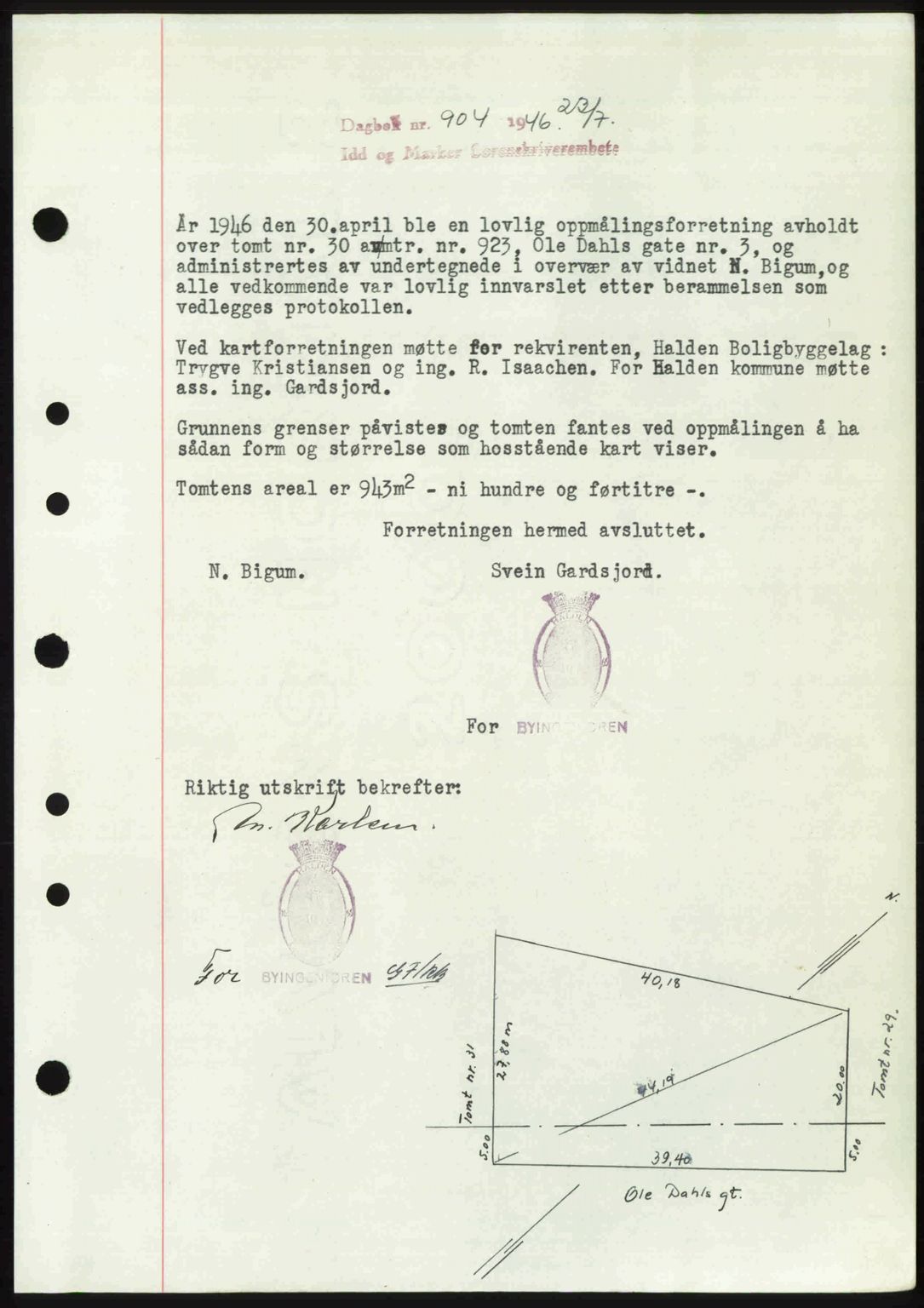 Idd og Marker sorenskriveri, SAO/A-10283/G/Gb/Gbb/L0008: Pantebok nr. A8, 1946-1946, Dagboknr: 904/1946