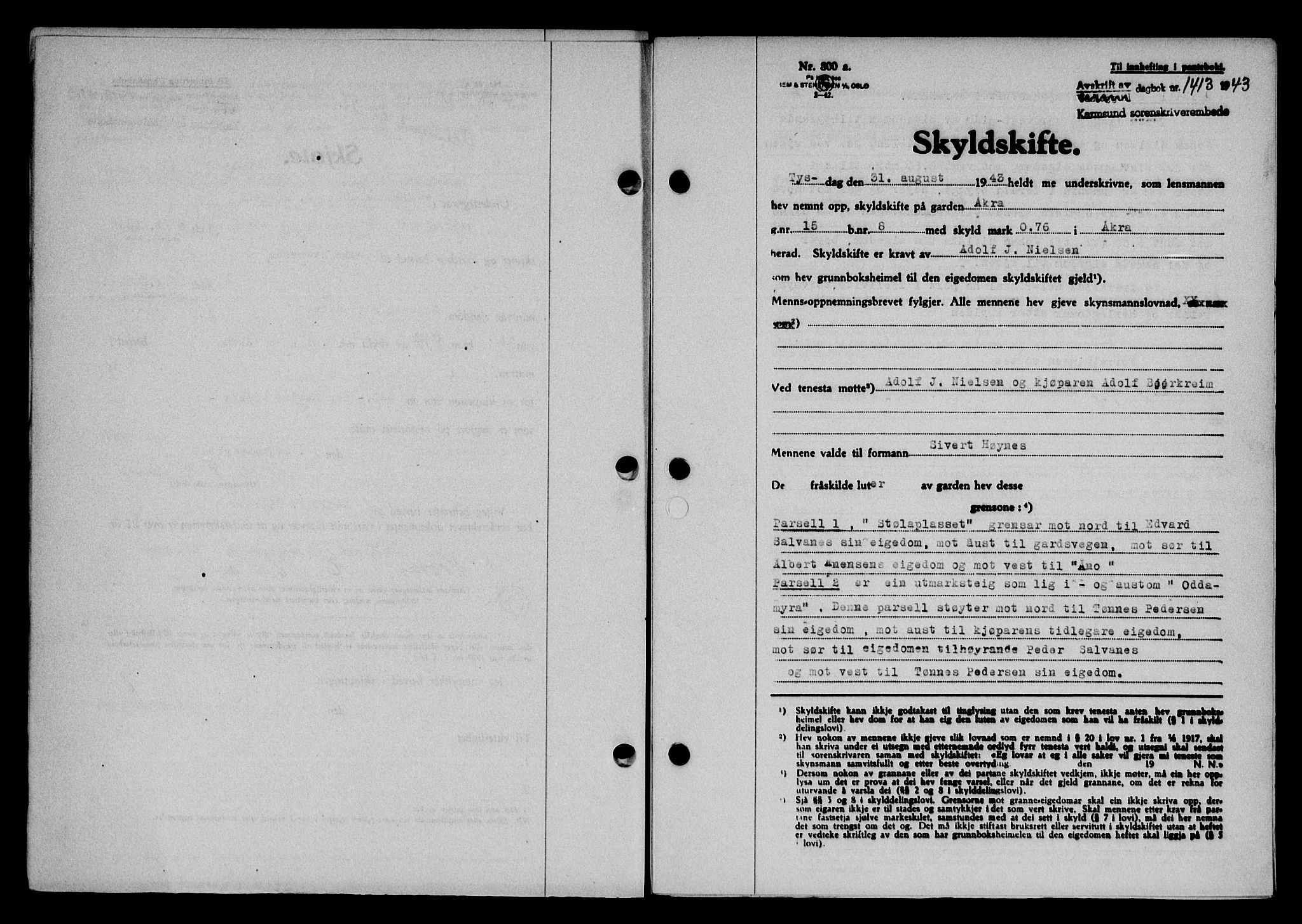 Karmsund sorenskriveri, SAST/A-100311/01/II/IIB/L0080: Pantebok nr. 61A, 1943-1943, Dagboknr: 1413/1943