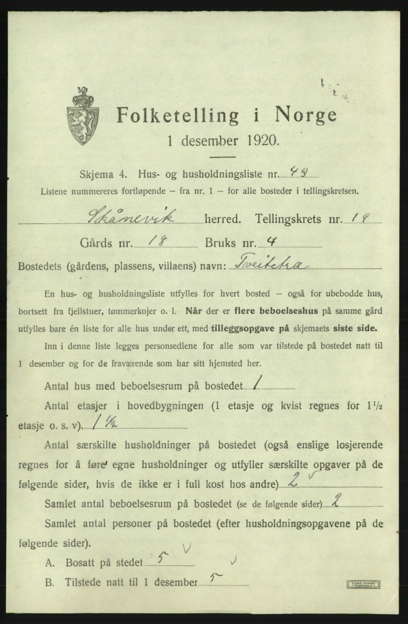 SAB, Folketelling 1920 for 1212 Skånevik herred, 1920, s. 2000