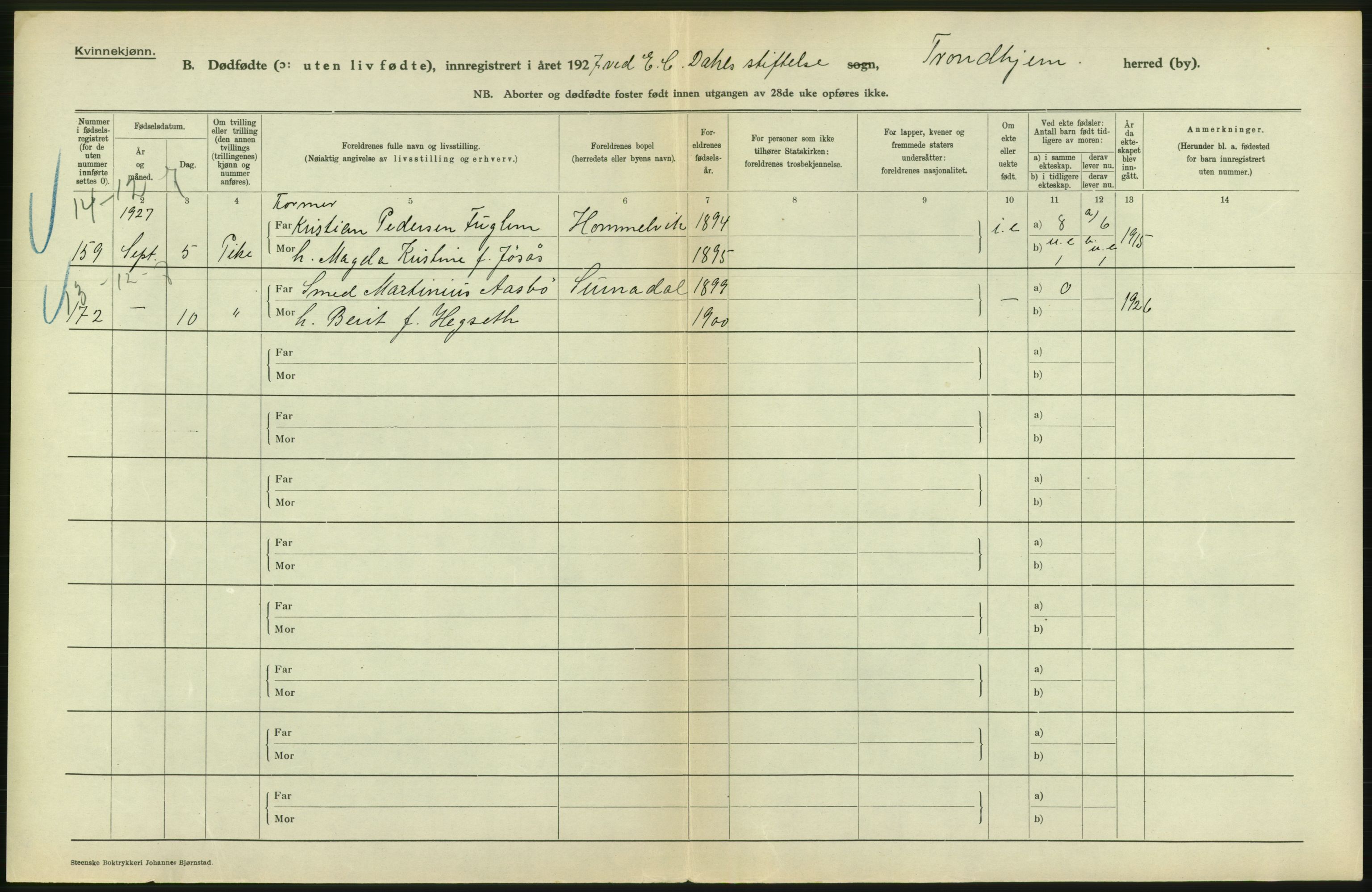 Statistisk sentralbyrå, Sosiodemografiske emner, Befolkning, AV/RA-S-2228/D/Df/Dfc/Dfcg/L0037: Trondheim: Levendefødte menn og kvinner, gifte, døde, dødfødte., 1927, s. 578