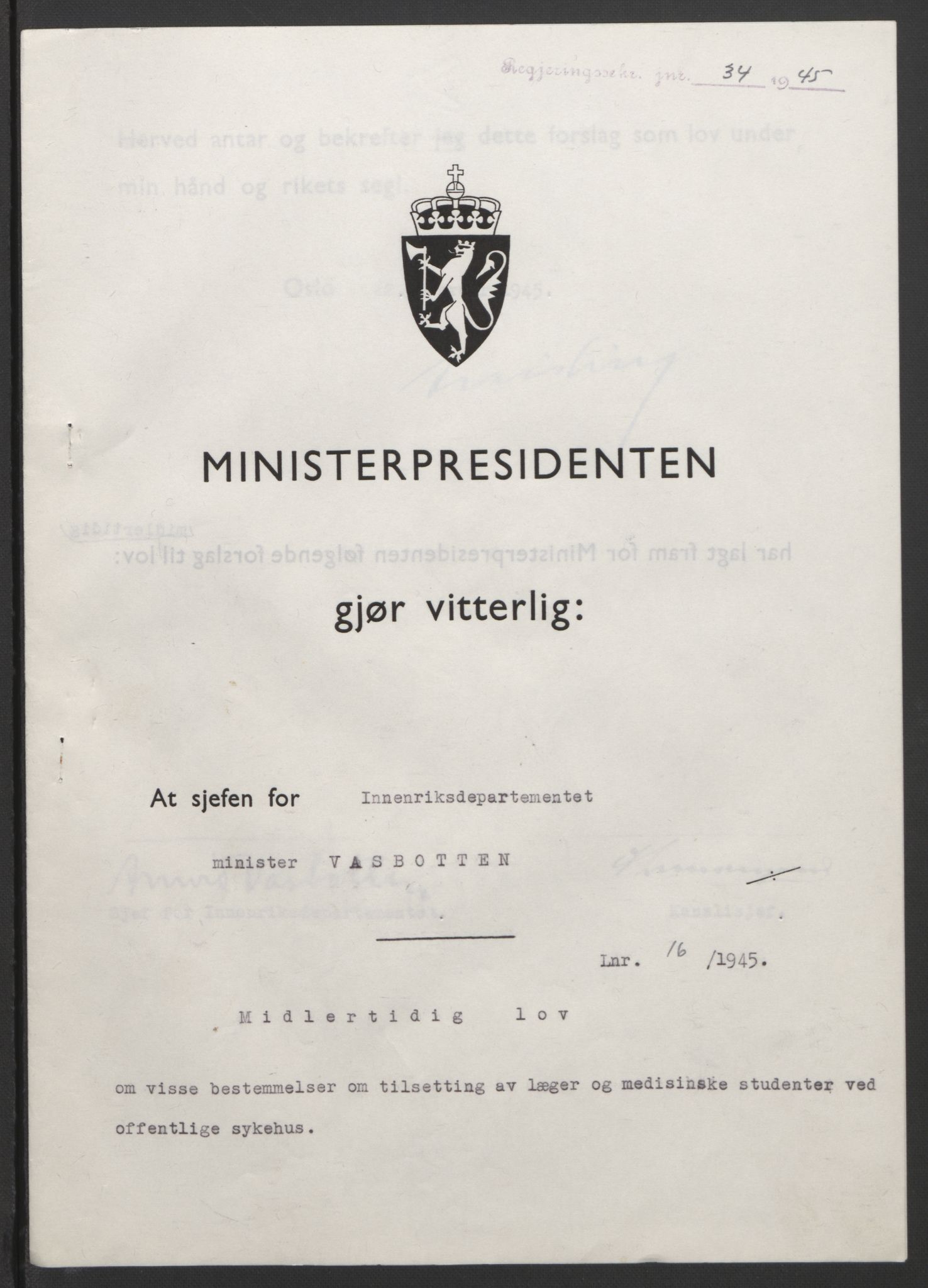 NS-administrasjonen 1940-1945 (Statsrådsekretariatet, de kommisariske statsråder mm), AV/RA-S-4279/D/Db/L0101/0001: -- / Lover og vedtak, 1945, s. 65