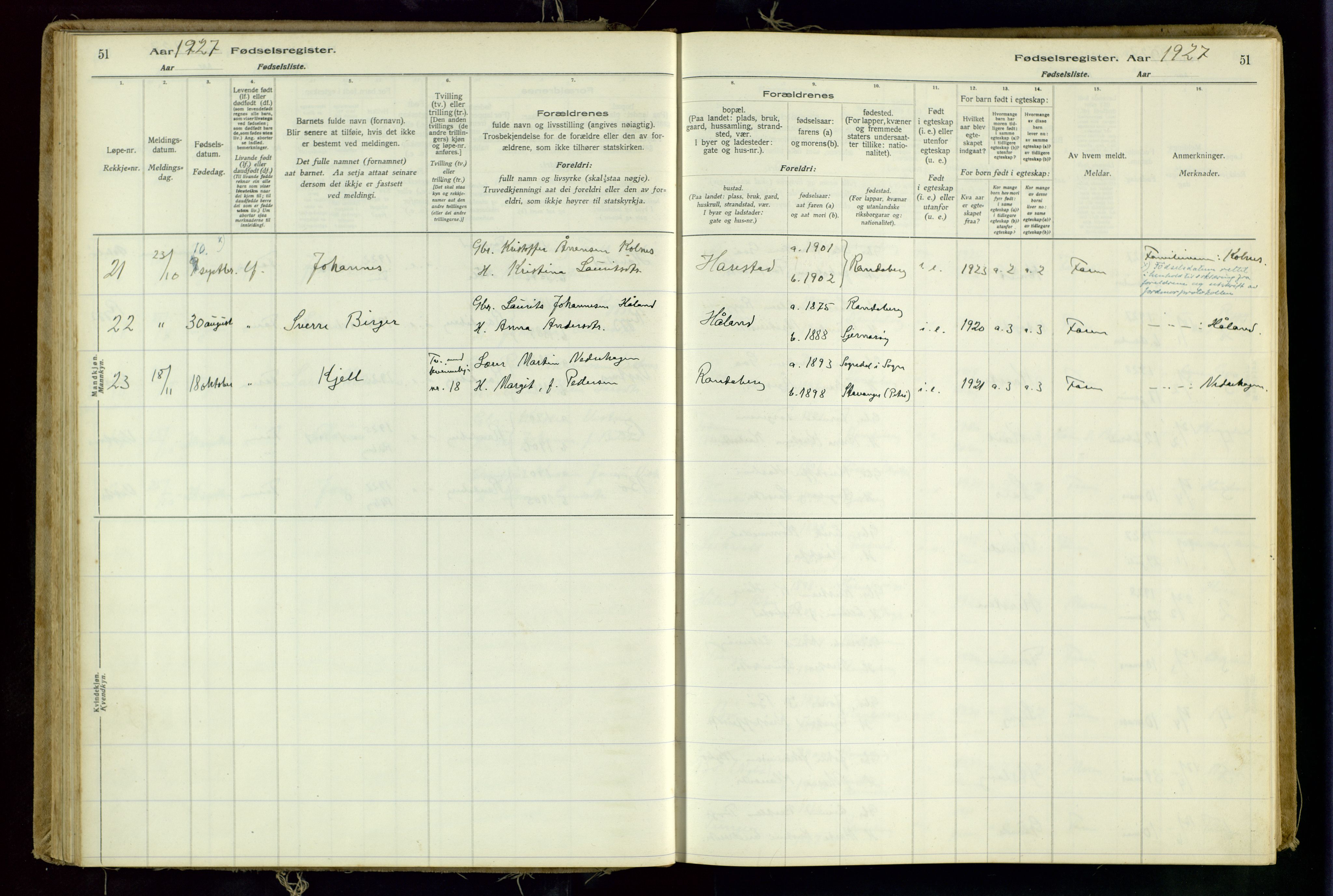 Hetland sokneprestkontor, AV/SAST-A-101826/70/704BA/L0001: Fødselsregister nr. 1, 1916-1954, s. 51