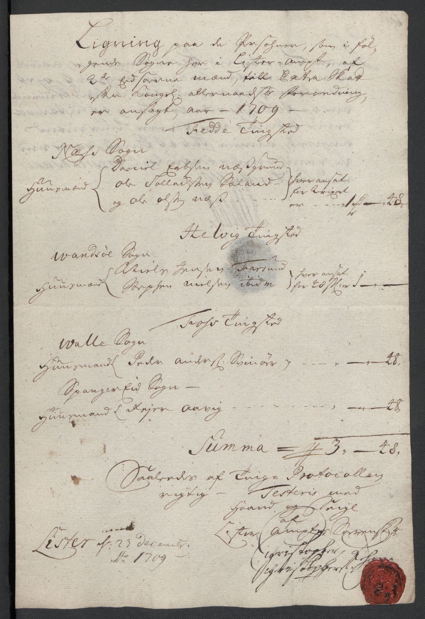Rentekammeret inntil 1814, Reviderte regnskaper, Fogderegnskap, AV/RA-EA-4092/R43/L2552: Fogderegnskap Lista og Mandal, 1705-1709, s. 239