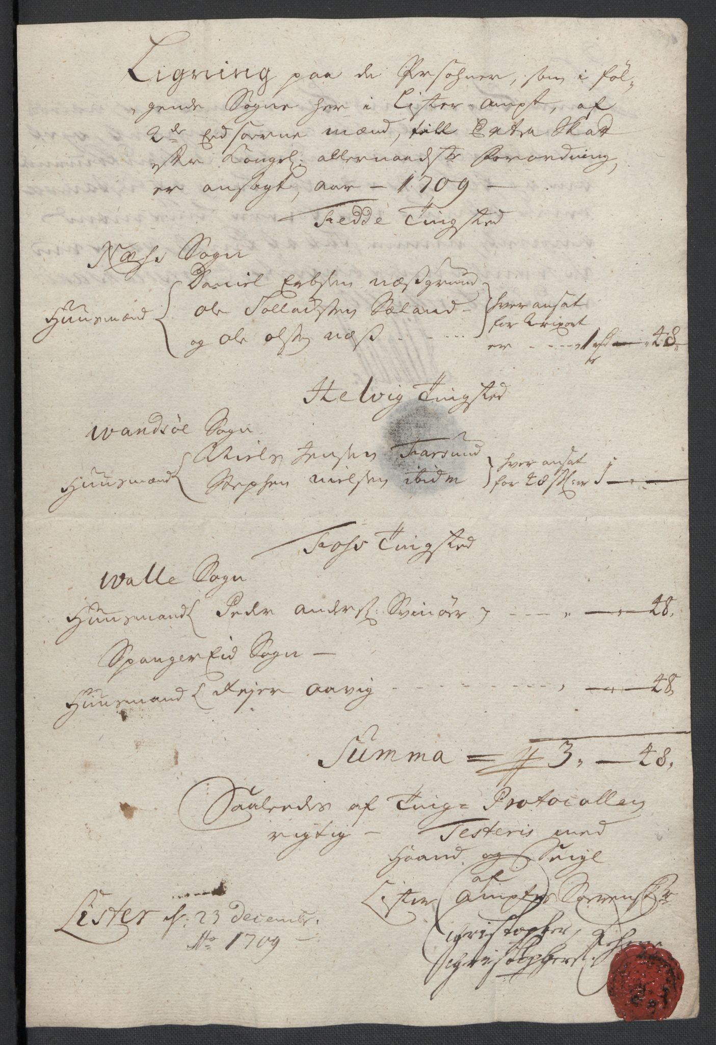 Rentekammeret inntil 1814, Reviderte regnskaper, Fogderegnskap, RA/EA-4092/R43/L2552: Fogderegnskap Lista og Mandal, 1705-1709, s. 239