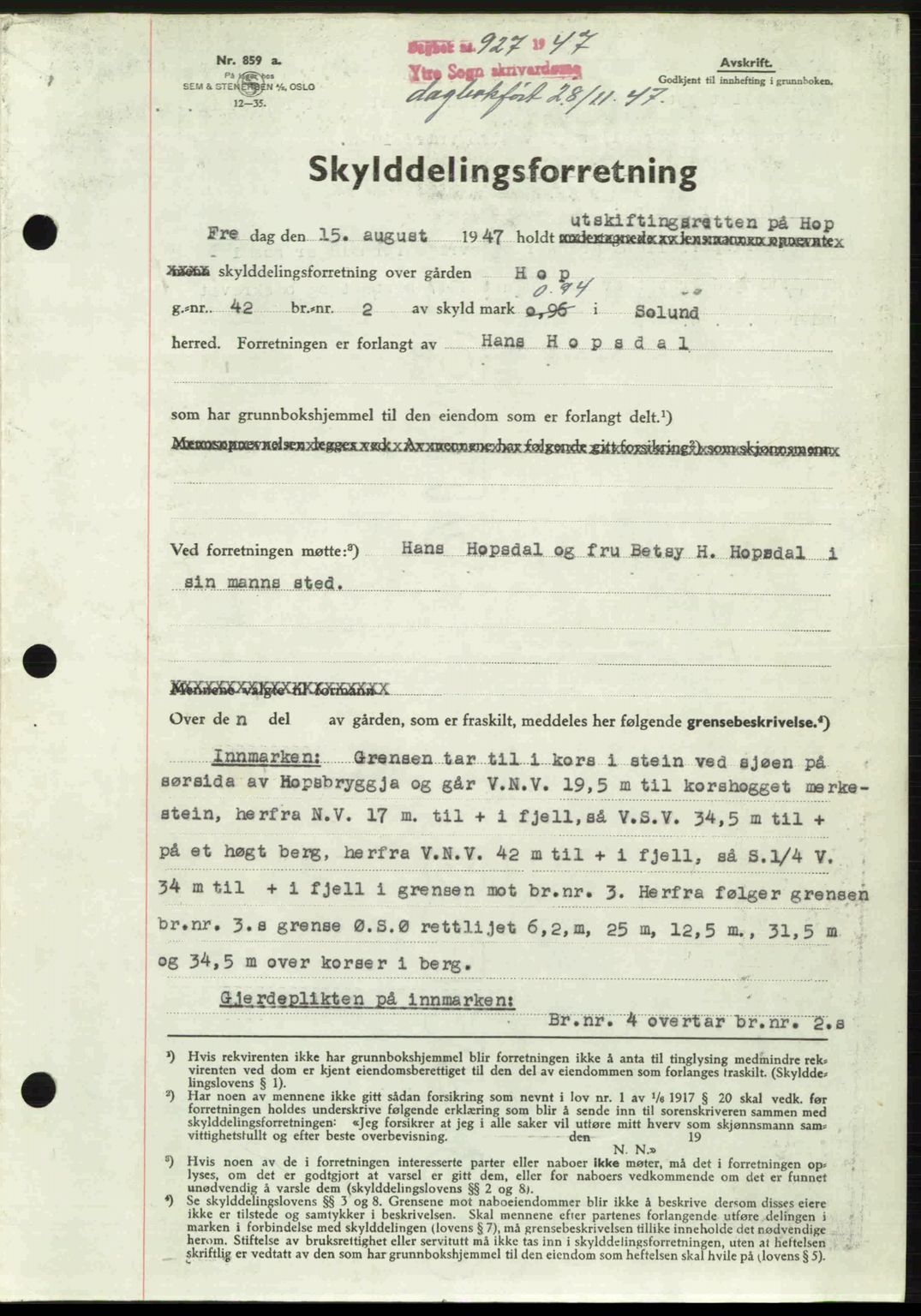 Ytre Sogn tingrett, SAB/A-2601/1/G/Gbb/L0005: Pantebok nr. A3 - A4 (B2), 1947-1948, Dagboknr: 927/1947