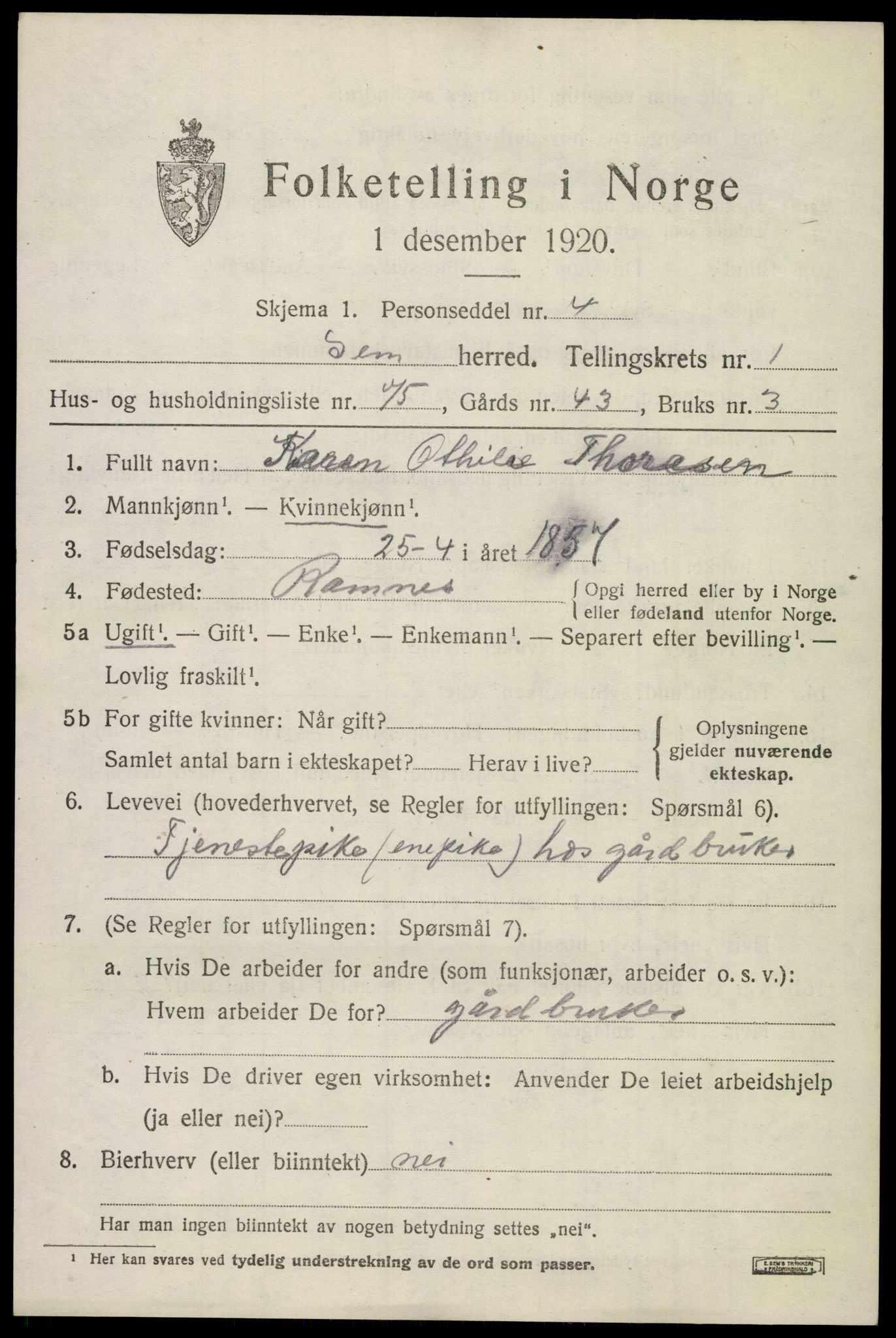 SAKO, Folketelling 1920 for 0721 Sem herred, 1920, s. 3595