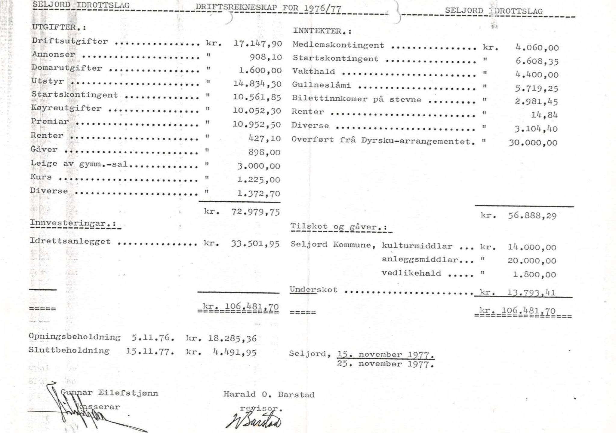 Seljord Idrettslag, VTM/A-1034/A/Ab/L0001: Årsmeldingar, 1977