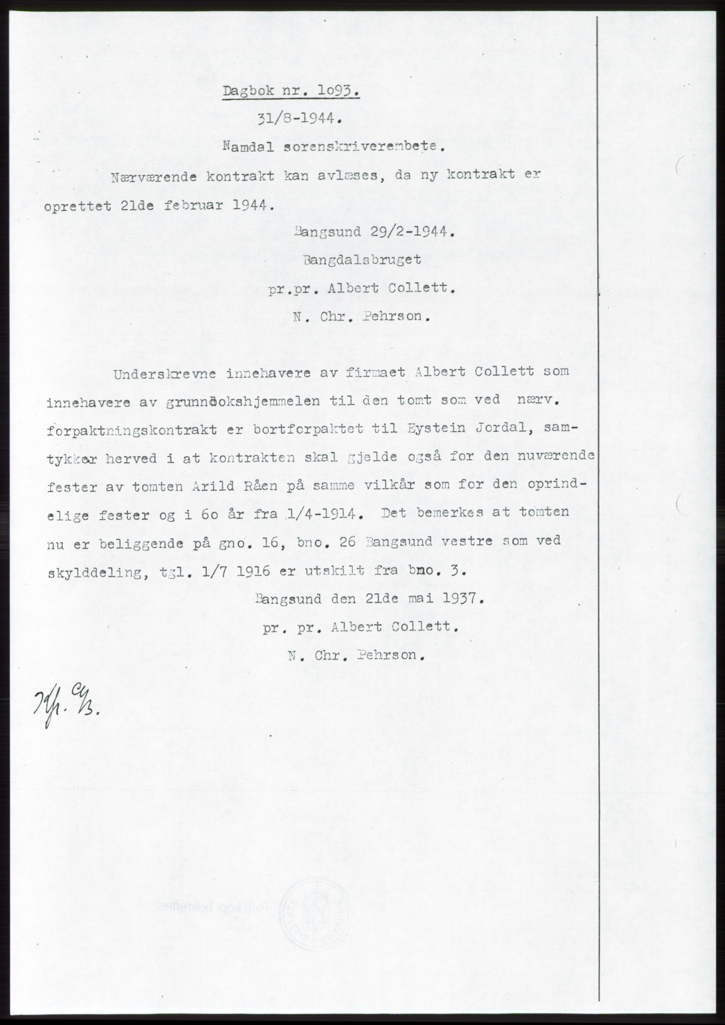 Namdal sorenskriveri, SAT/A-4133/1/2/2C: Pantebok nr. -, 1944-1945, Dagboknr: 1093/1944